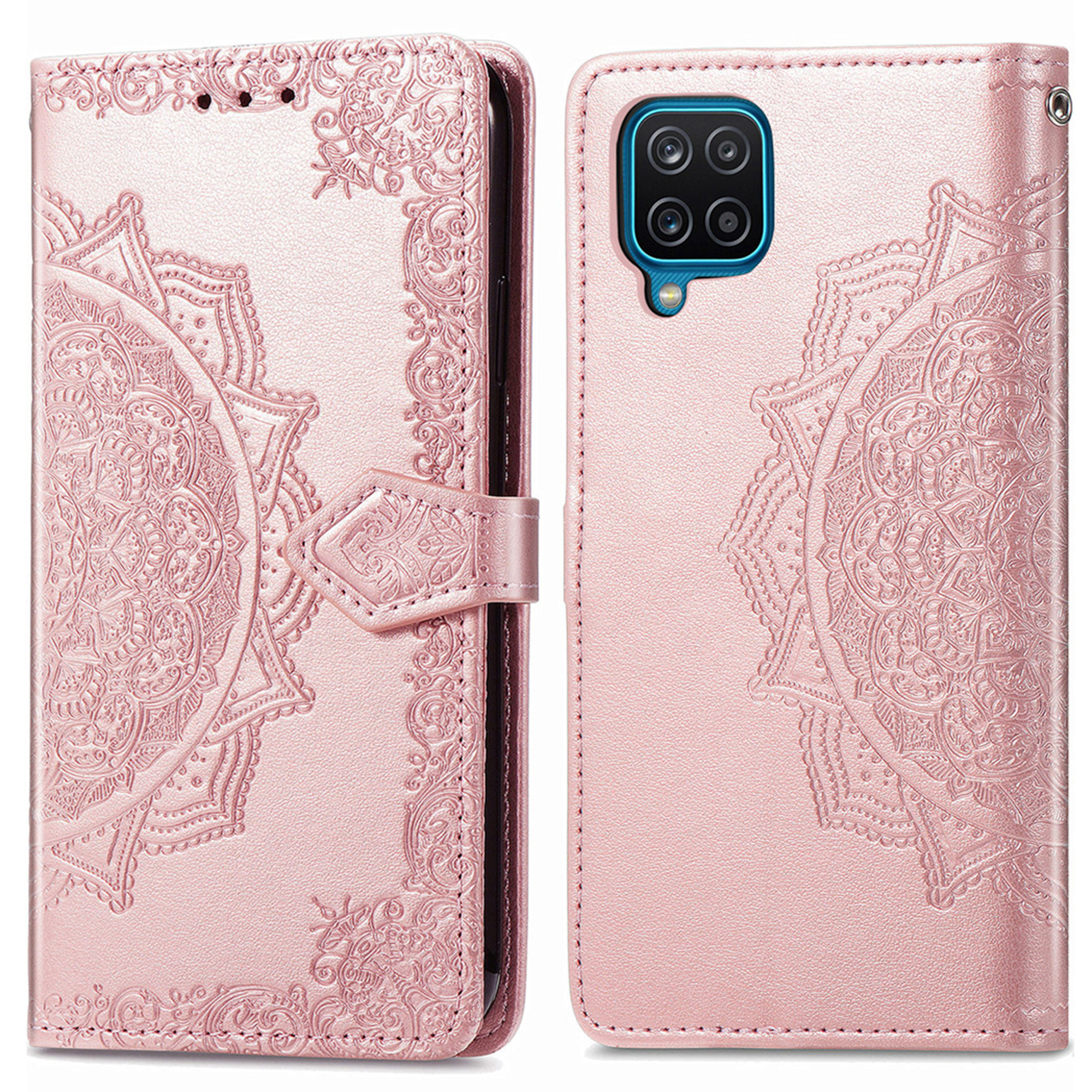 Een roze, mandala-reliëf telefoonhoes, open en gesloten getoond.