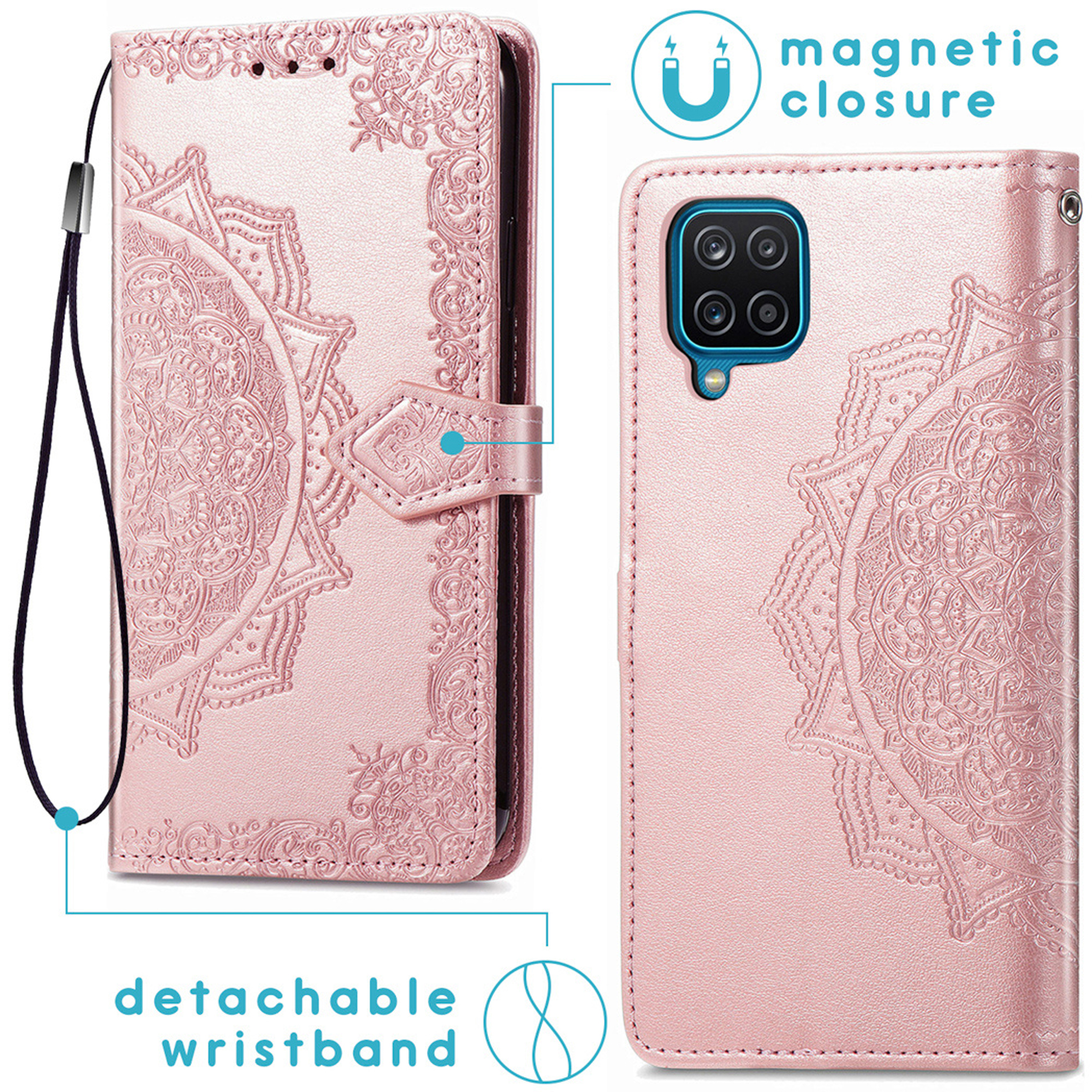 Een roze telefoonhoes met reliëf mandala, afneembare polsband en magnetische sluiting.