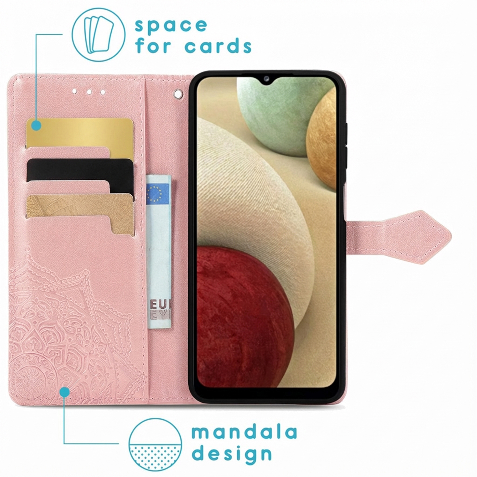 Roze telefoonhoes met kaartsleuven en mandala-ontwerp. Telefoon is geplaatst.