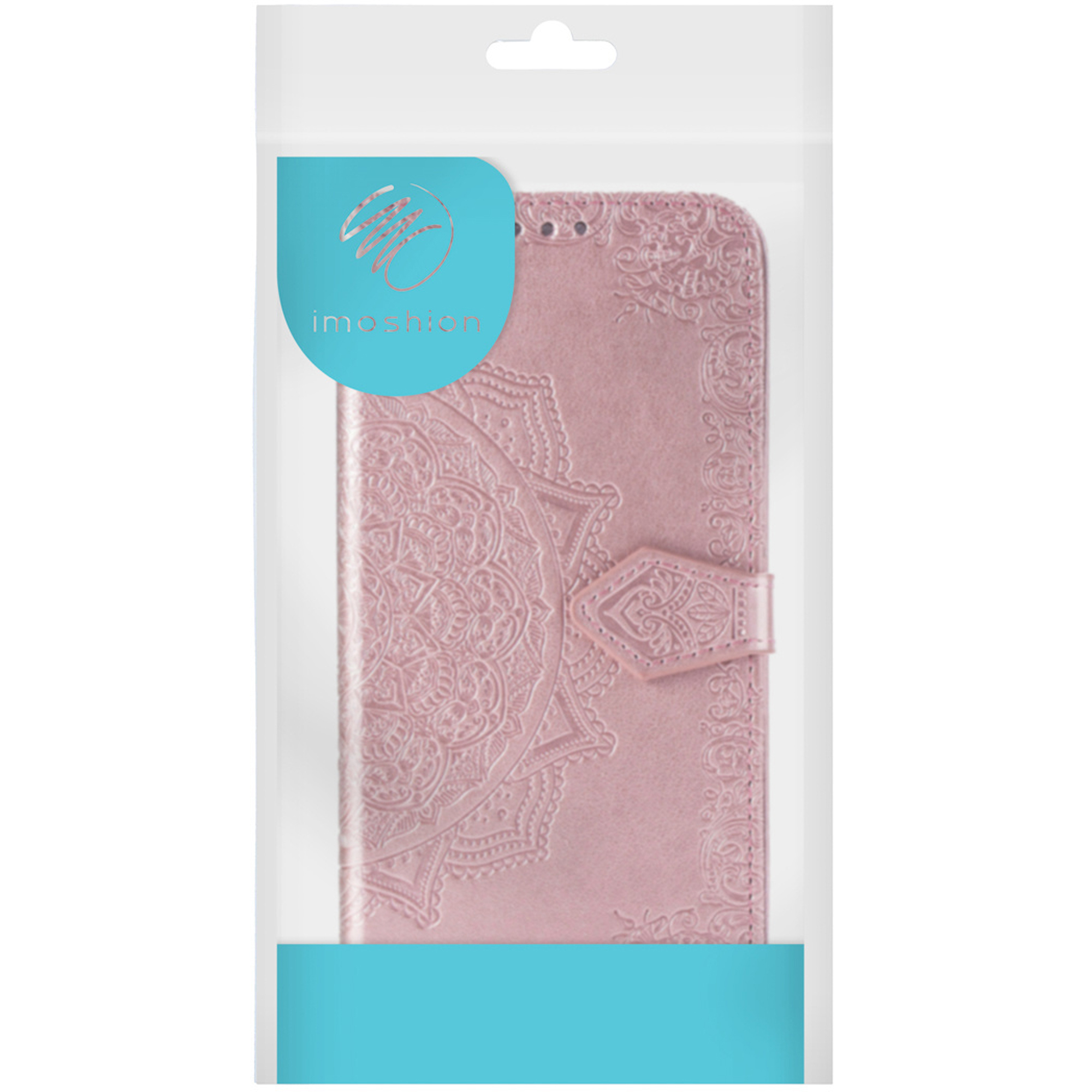 Een roze telefoonhoesje met een mandalapatroon in verpakking.