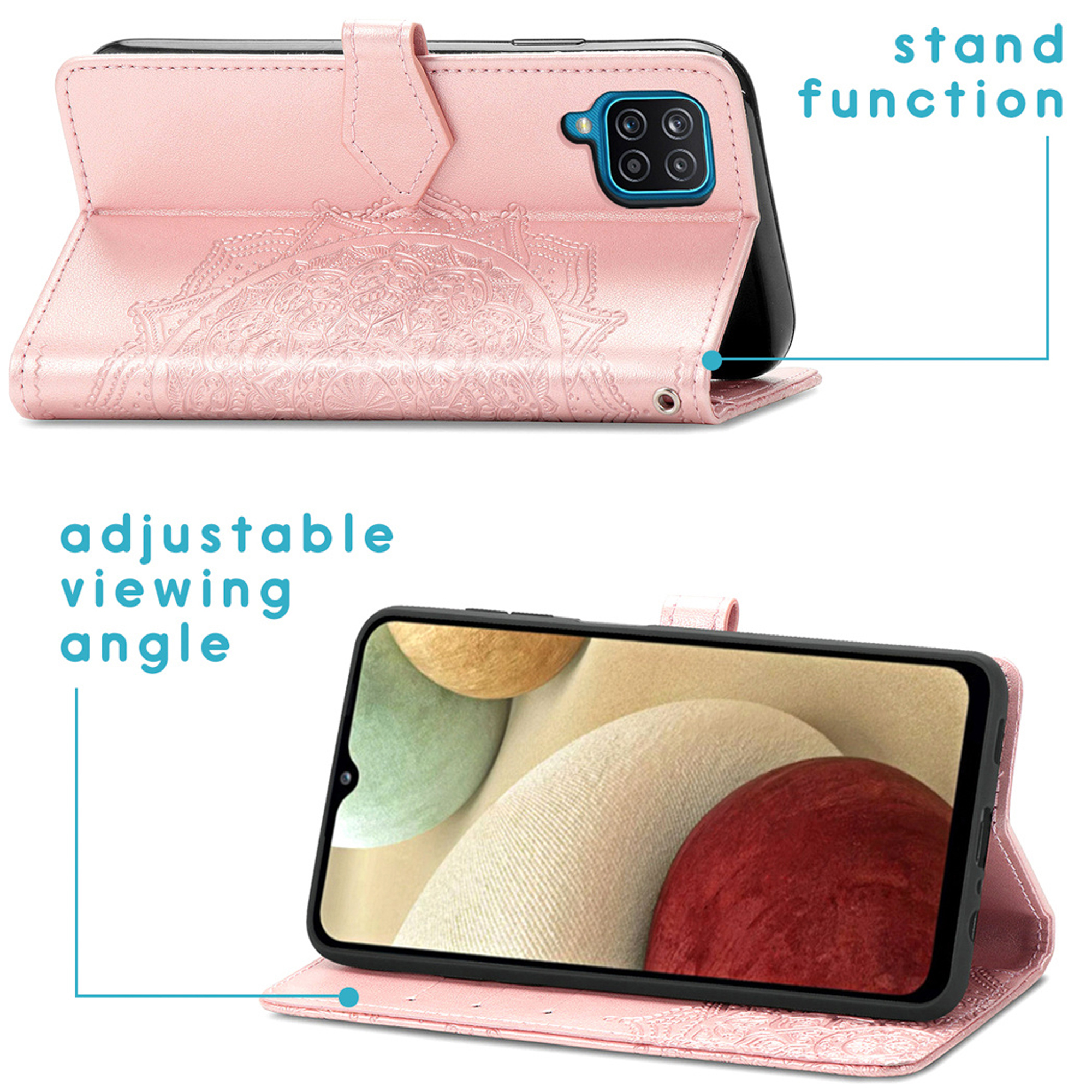 Een roze telefoonhoesje met mandala-reliëf, dat dient als standaard en verstelbare kijkhoek.