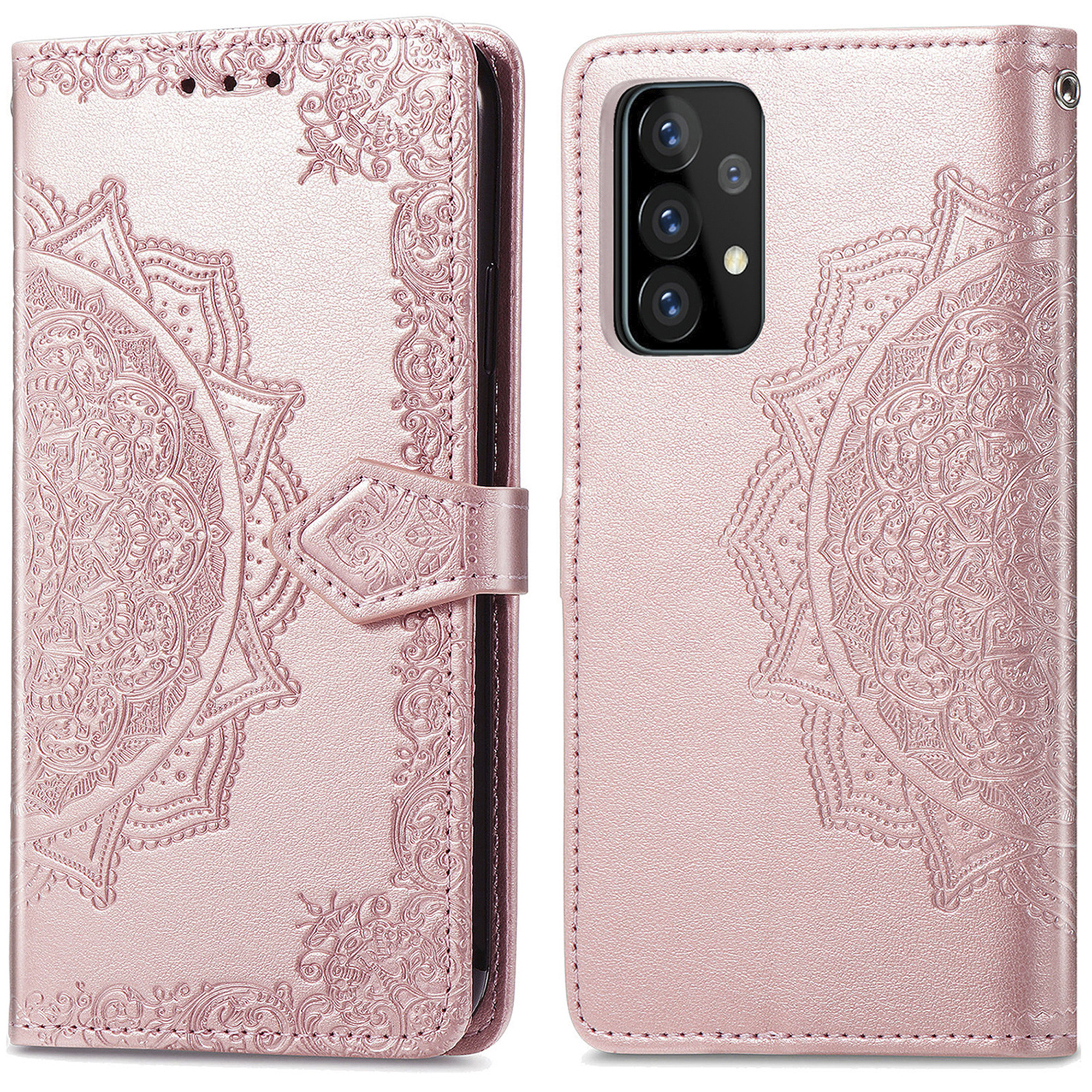 Roze telefoonhoes met mandala-patroon en drie cameralenzen.