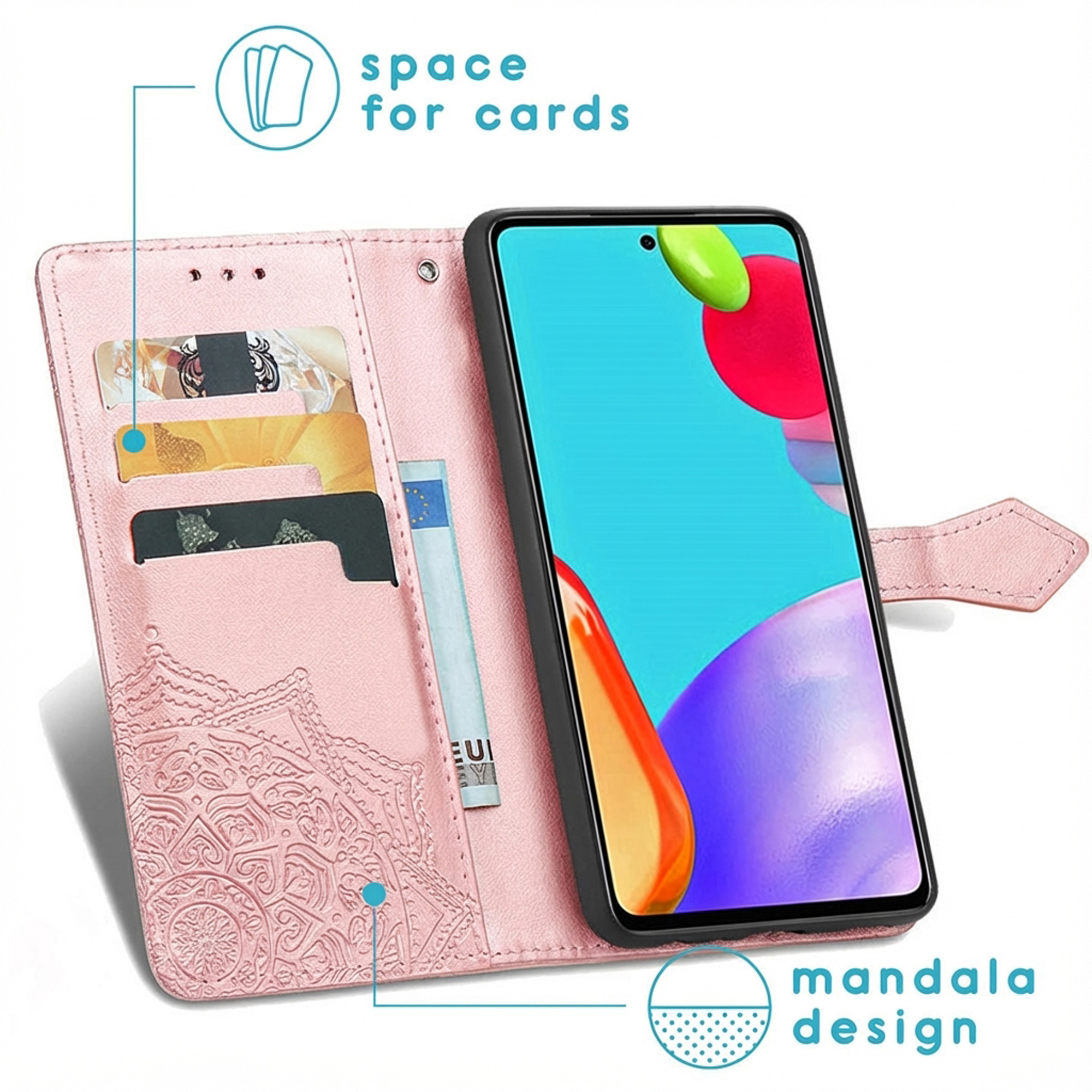 Een roze telefoon-portemonnee met kaartsleuven en een mandala-ontwerp.