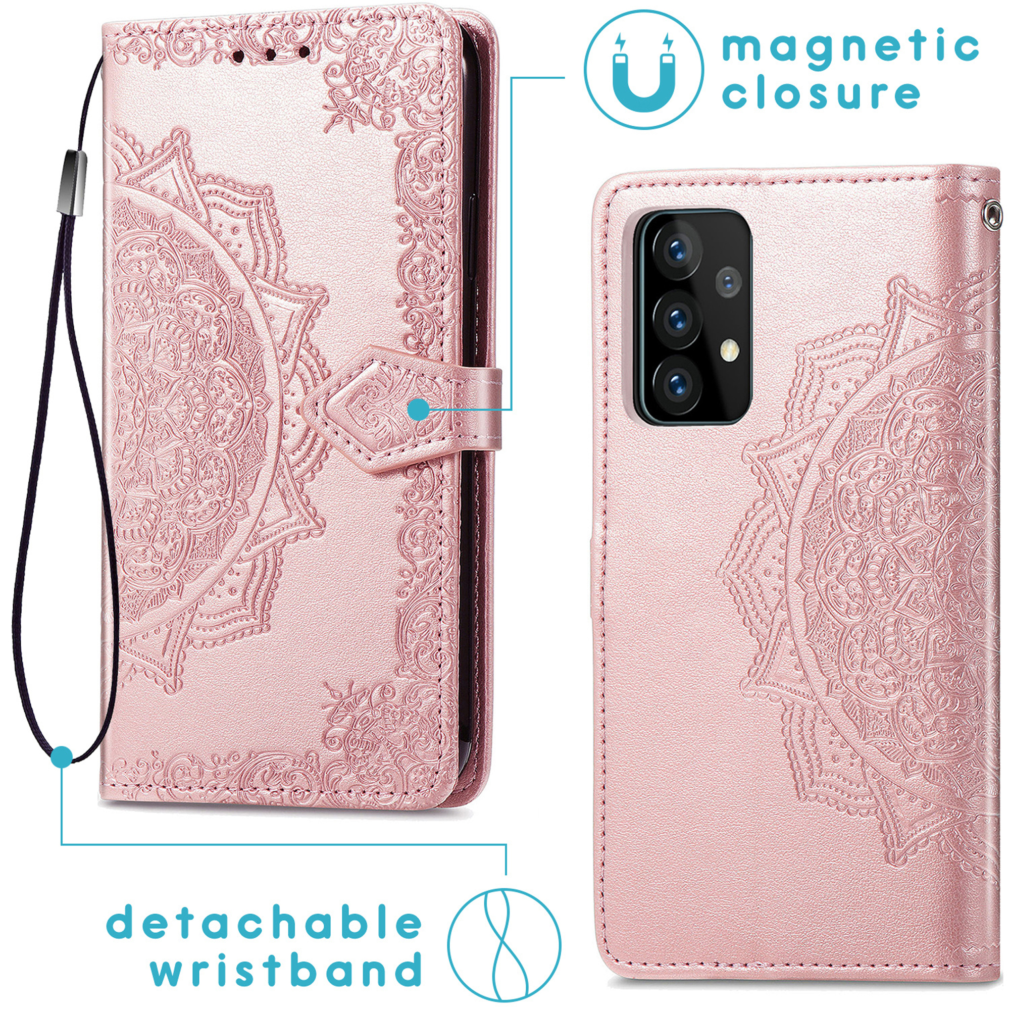 Roze telefoonhoes met mandala patroon, afneembare polsband en magnetische sluiting.