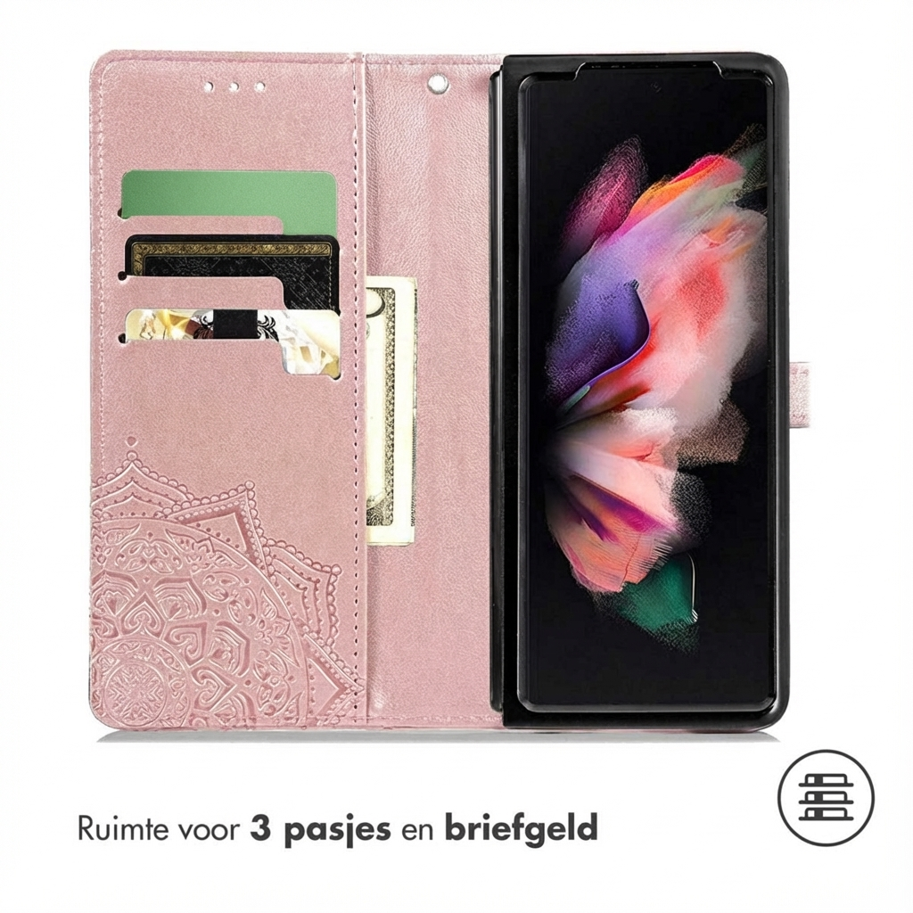 Étui de téléphone rose avec fentes pour cartes et un téléphone. Motif mandala.