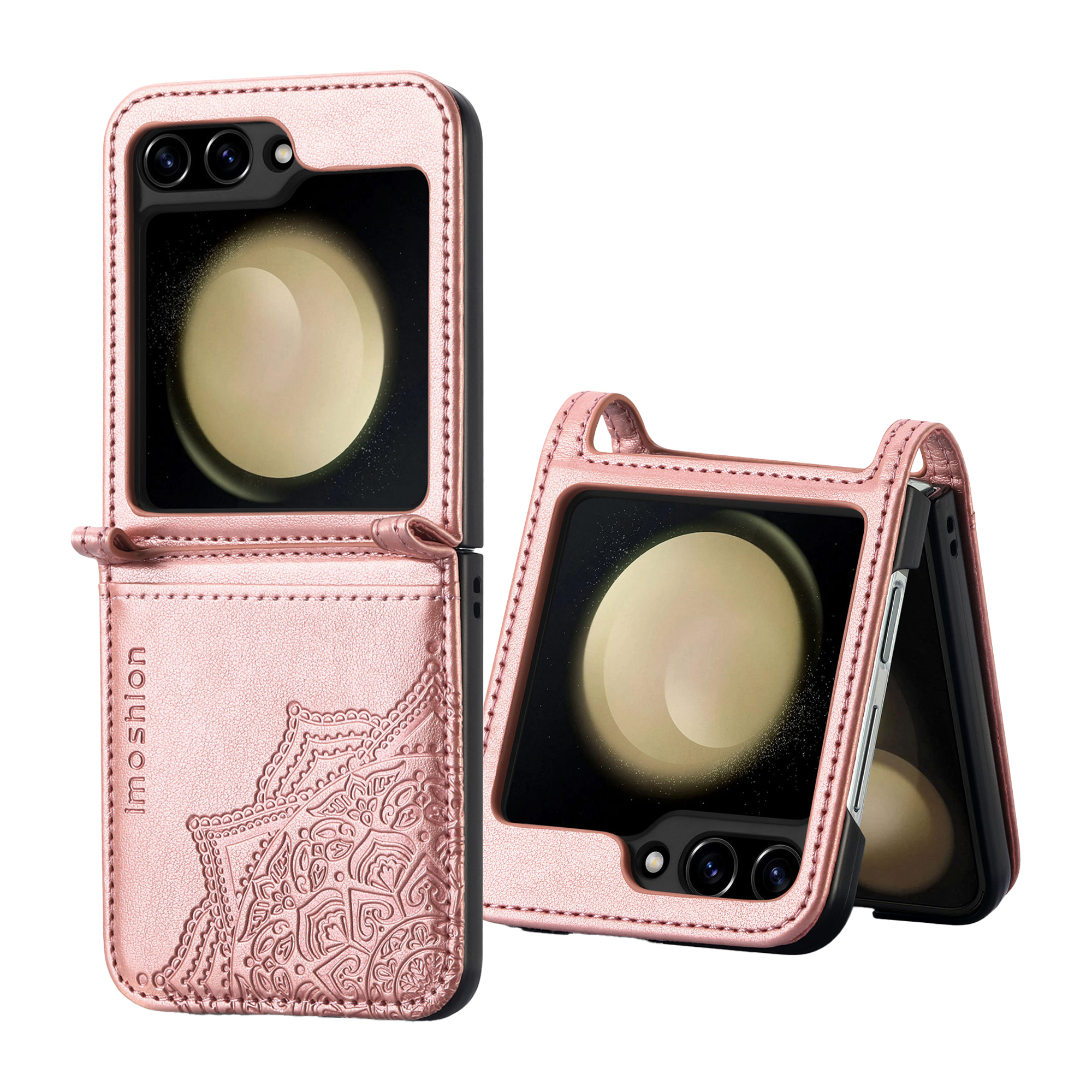 Deux étuis roses pour téléphone à clapet avec caméras et motif mandala.