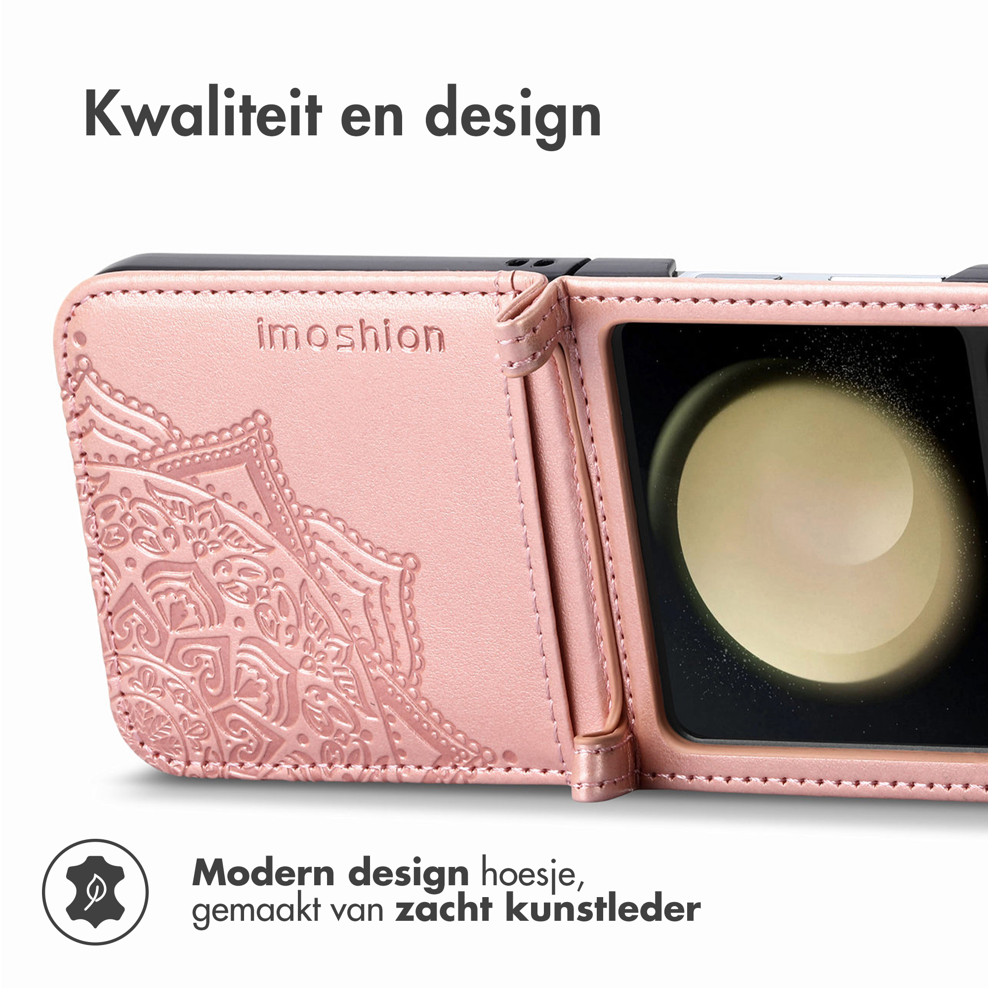 Un étui de téléphone rose en similicuir avec motif mandala et logo imoshion.