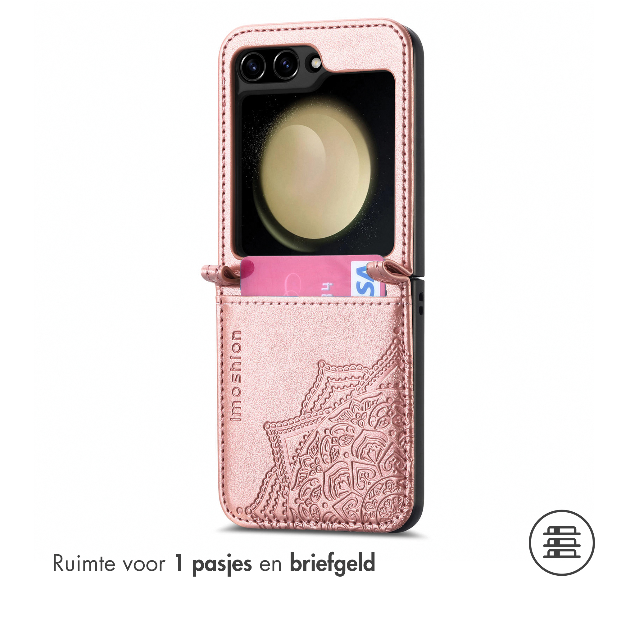 Coque de téléphone à clapet rose doré avec mandala en relief, fente pour carte et téléphone.