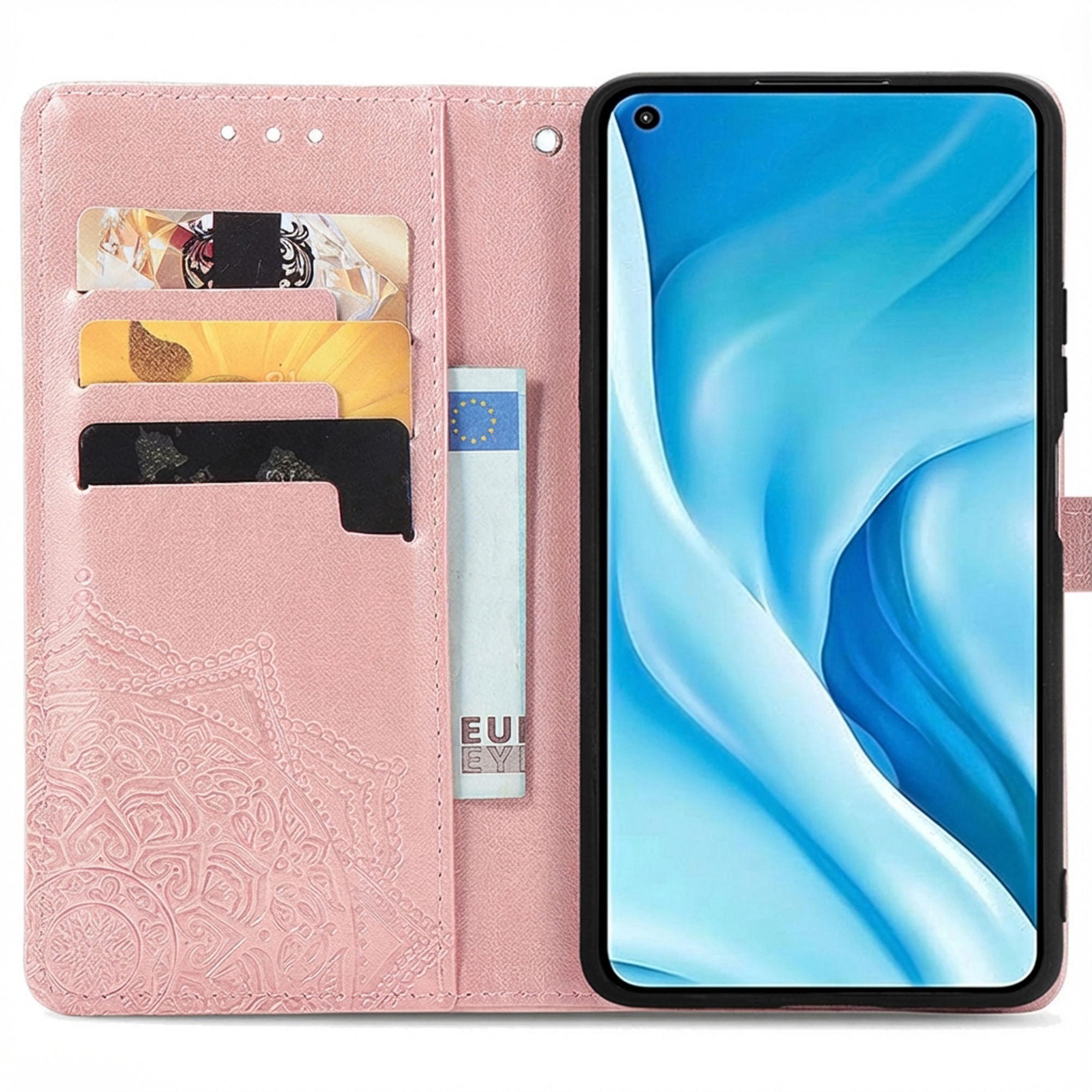 Roze telefoonhoesje met kaartsleuven en een bankbiljet. De telefoon toont een blauwe achtergrond.
