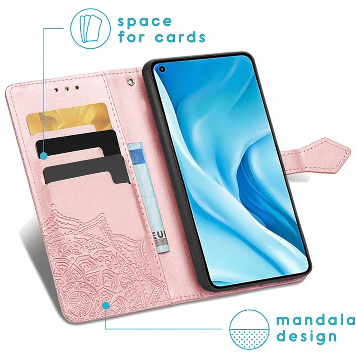 Een roze telefoonhoesje met mandala-ontwerp en kaartsleuven.
