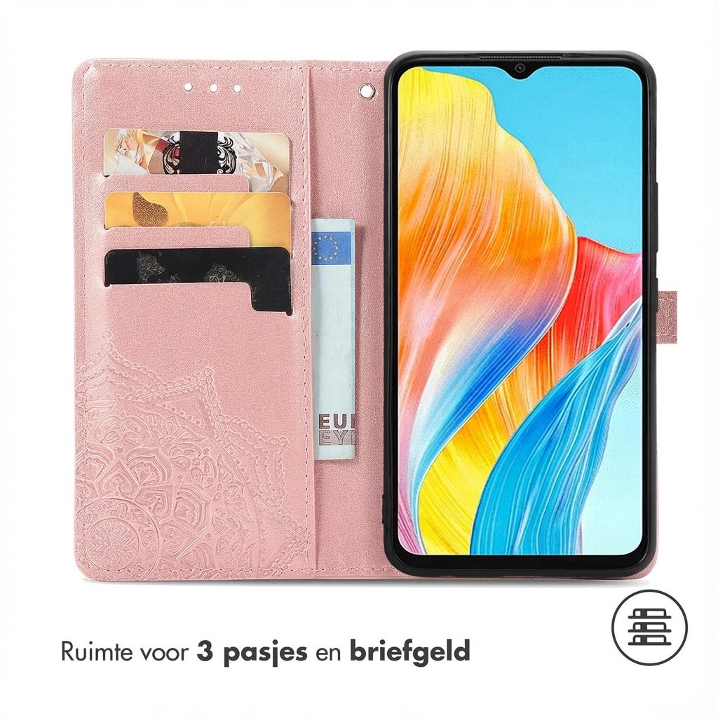 Roze telefoonhoesje met kaartsleuven en telefoon. Biedt ruimte voor 3 kaarten.
