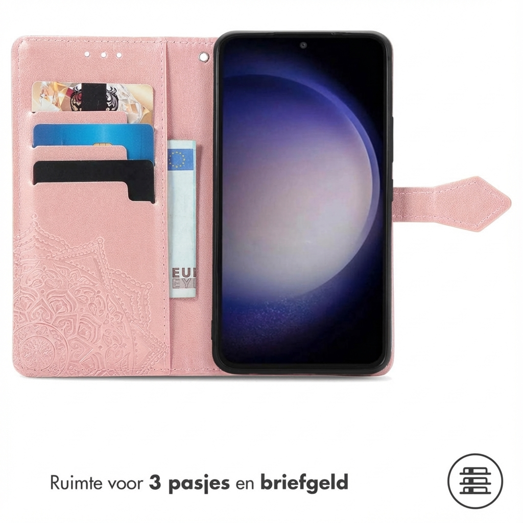 Een roze telefoonhoesje met kaartsleuven en een bankbiljet.