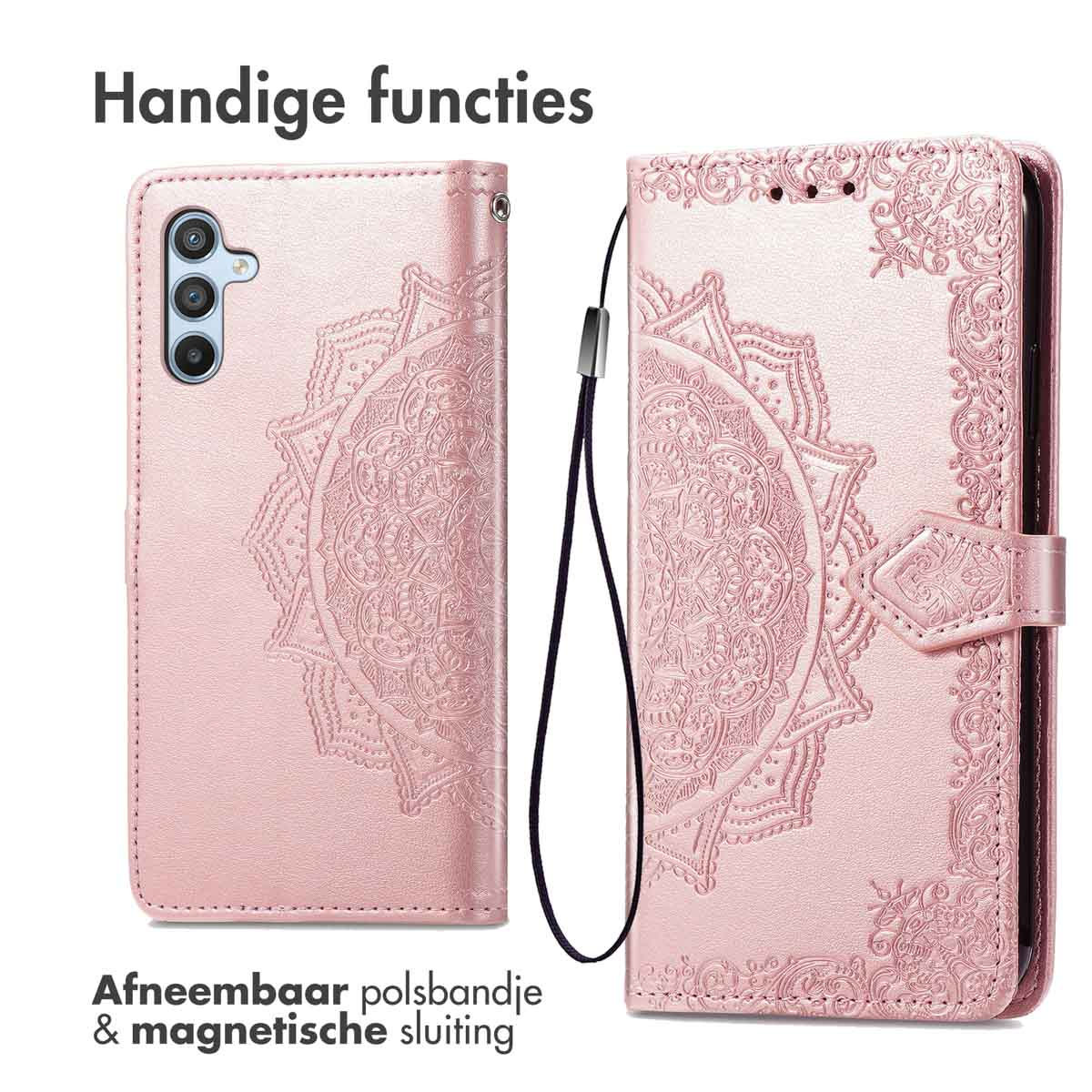 Ein roségoldenes Handycover mit Mandala-Prägung und abnehmbarem Riemen.