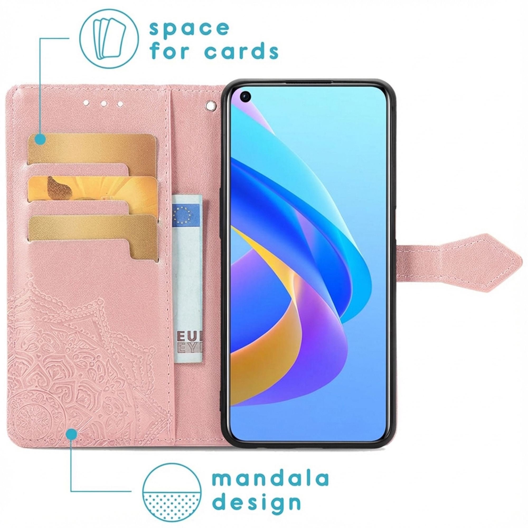 Een roze telefoonhoes met kaartsleuven en een telefoon.