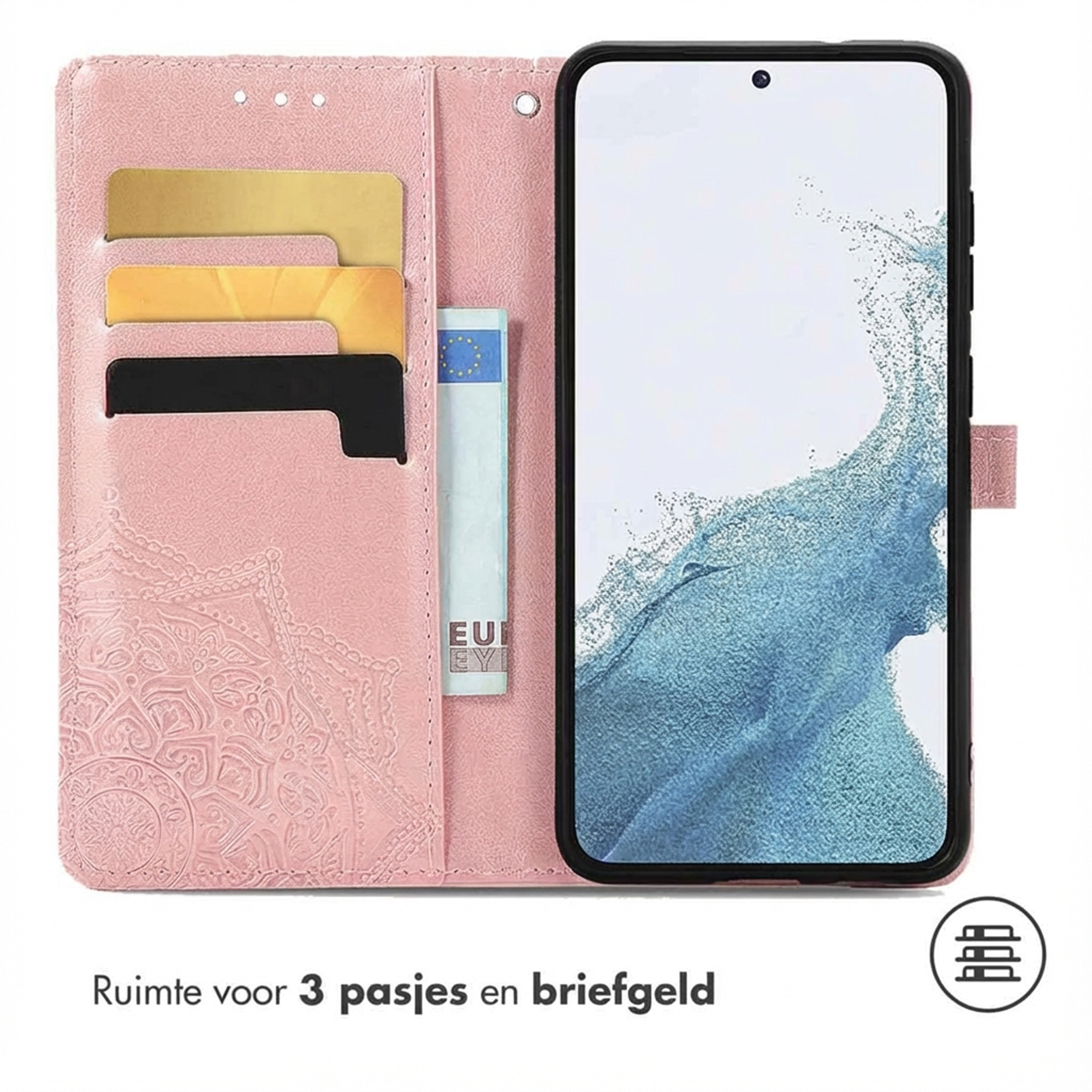Un étui de téléphone rose avec des fentes pour cartes et un billet en euros.