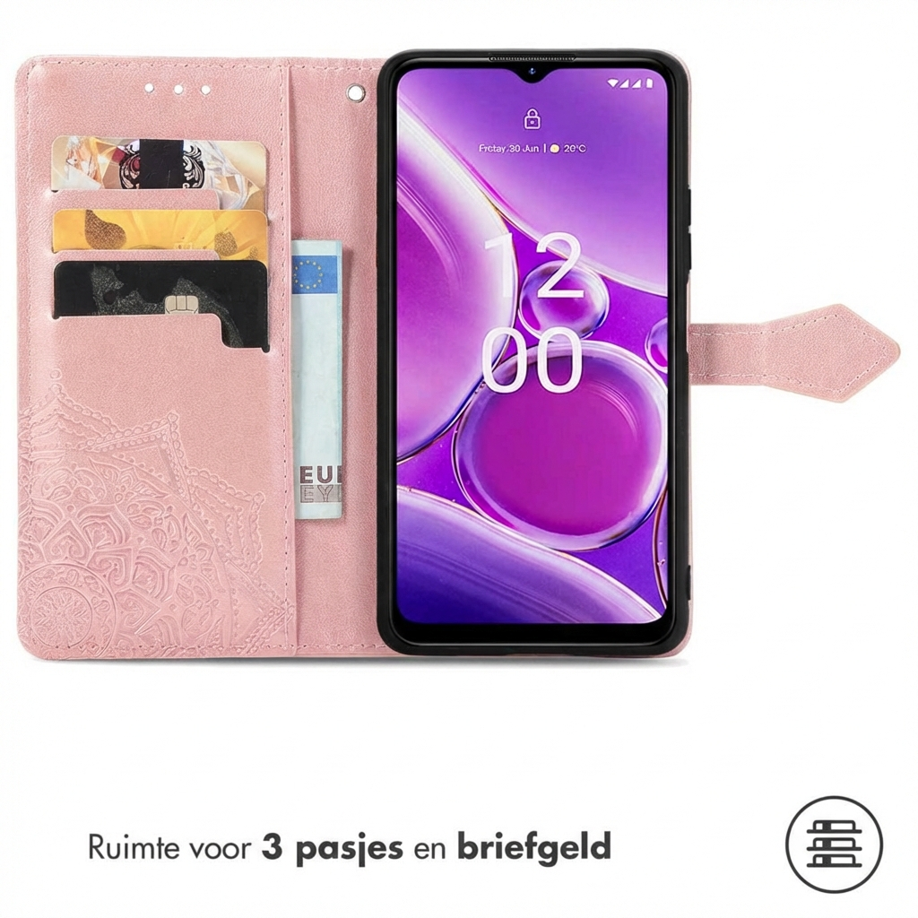 Étui rose pour téléphone avec fentes pour cartes et compartiment pour billets. Téléphone.