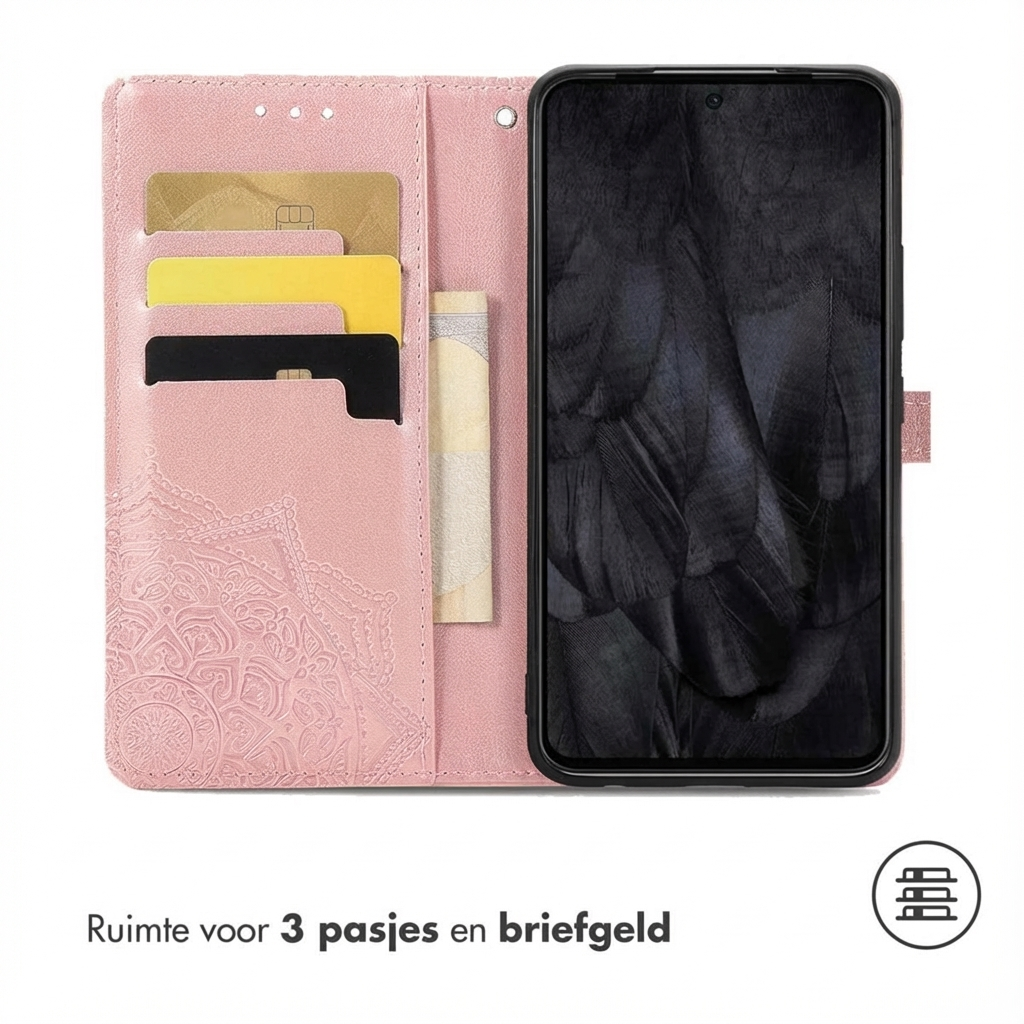 Roze telefoonhoes met kaarthouders en geldvak. Mandala-ontwerp.