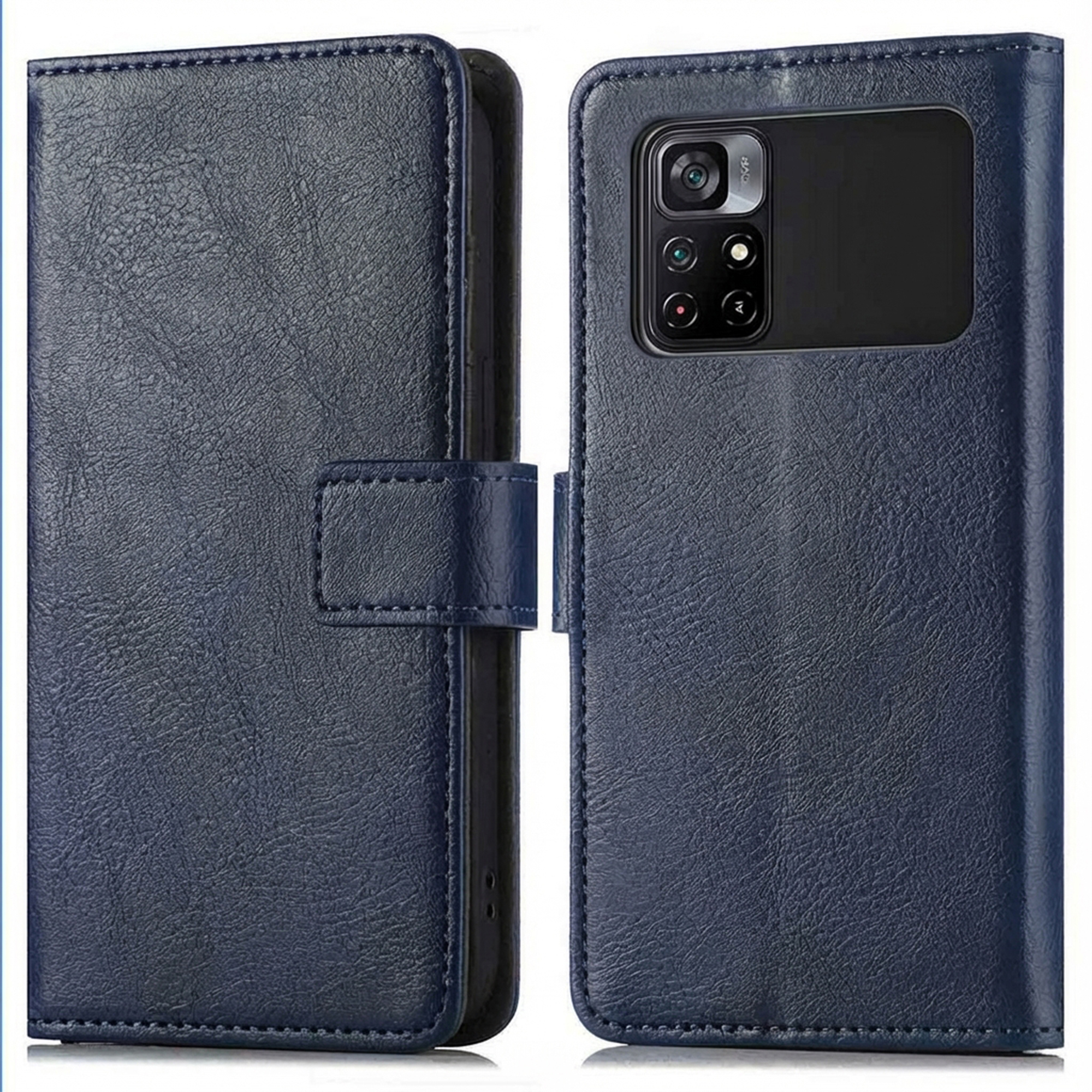 Étui de téléphone en cuir bleu foncé avec découpe caméra et fermeture magnétique.