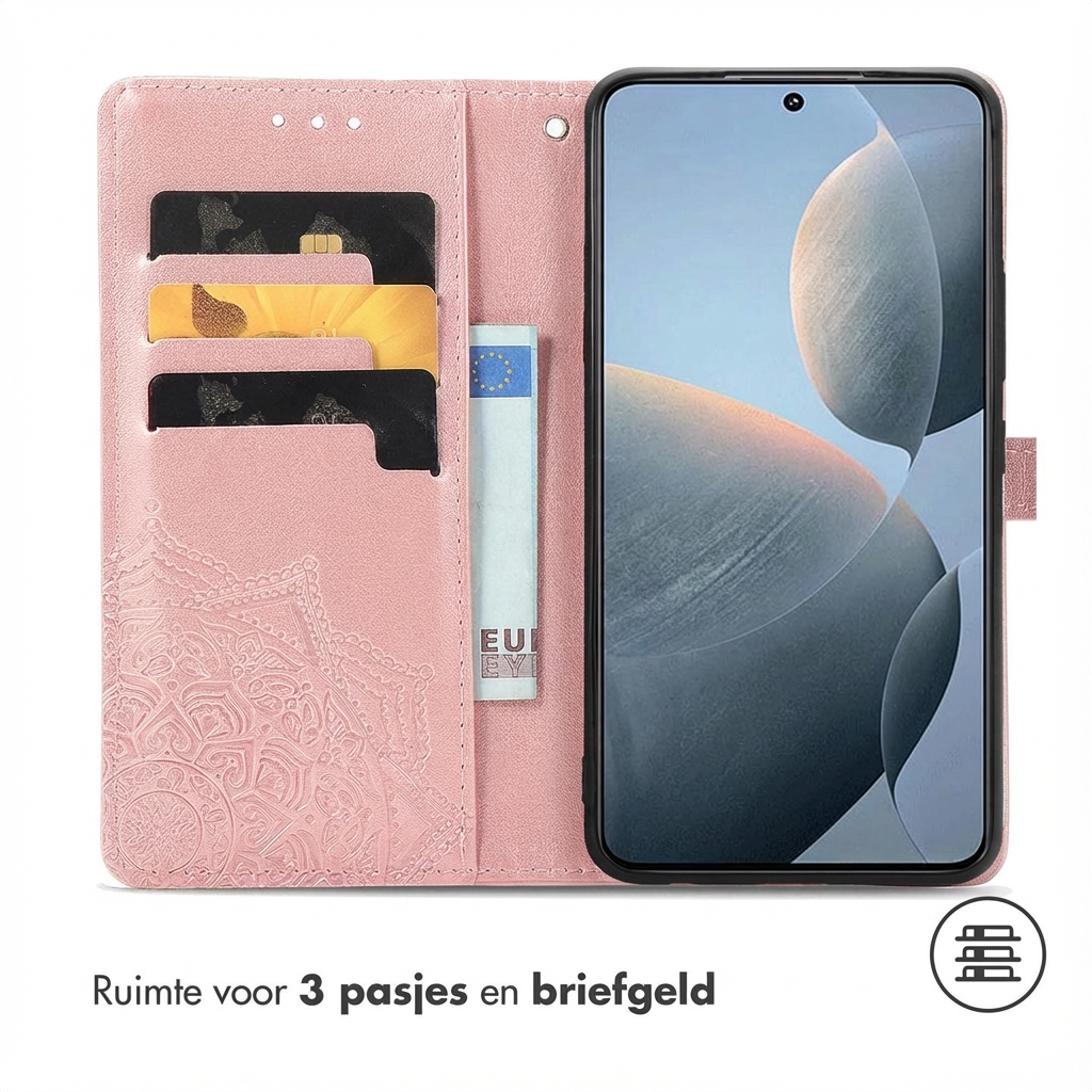 Roze telefoonhoes met kaartsleuven en geldvak, met mandalapatroon.