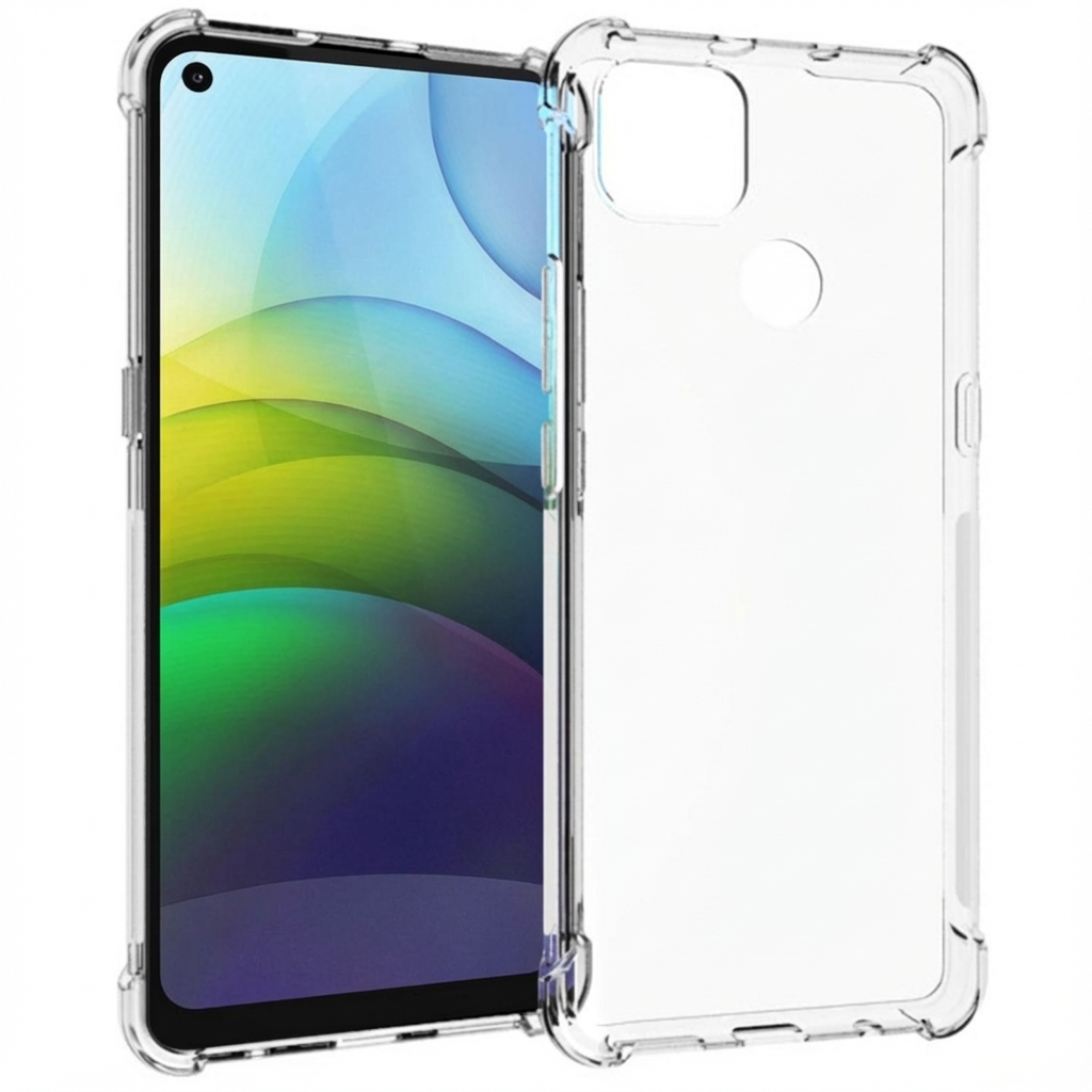 Une coque de téléphone transparente à côté d'un smartphone avec fond coloré.