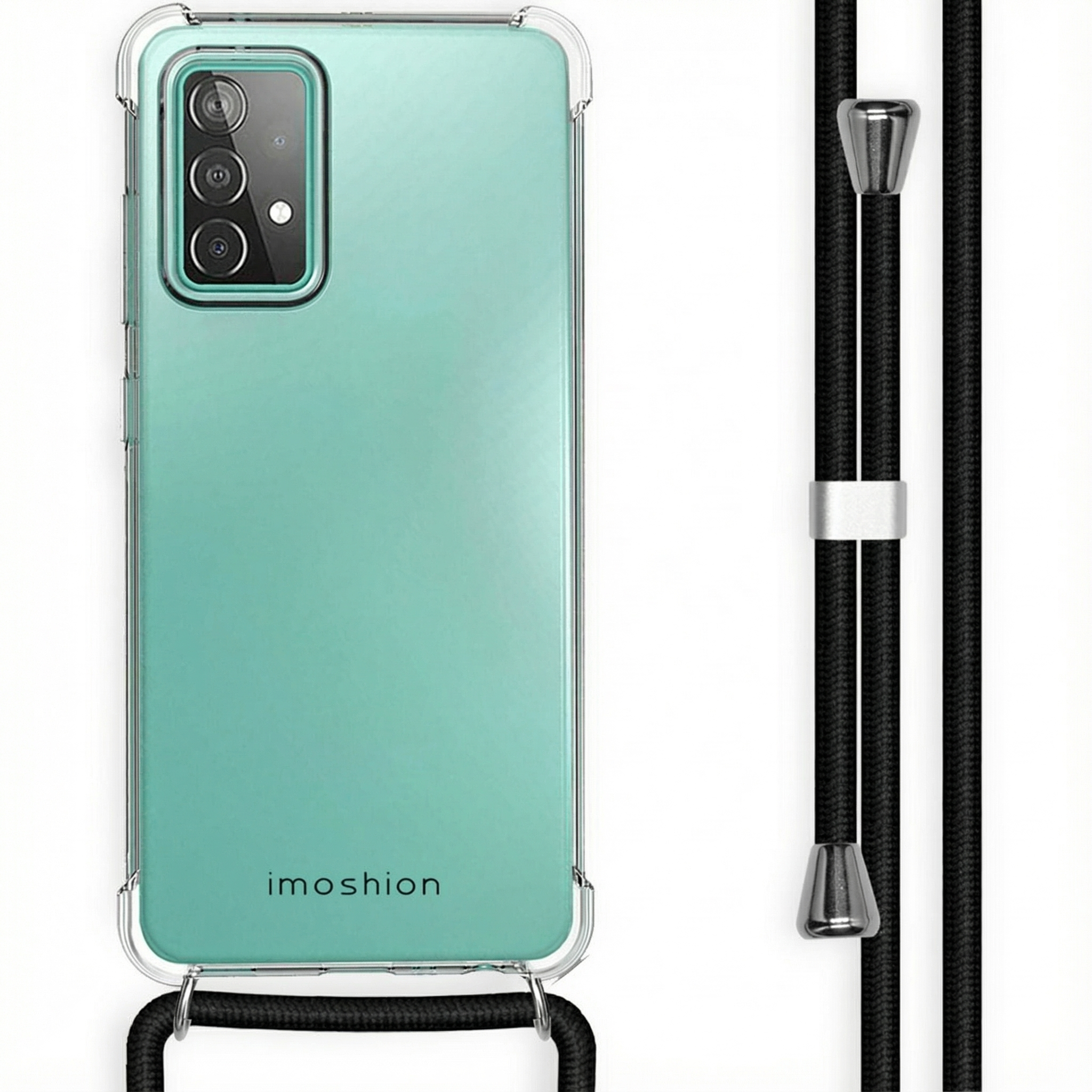 Coque de téléphone turquoise avec cordon noir et accents argentés.