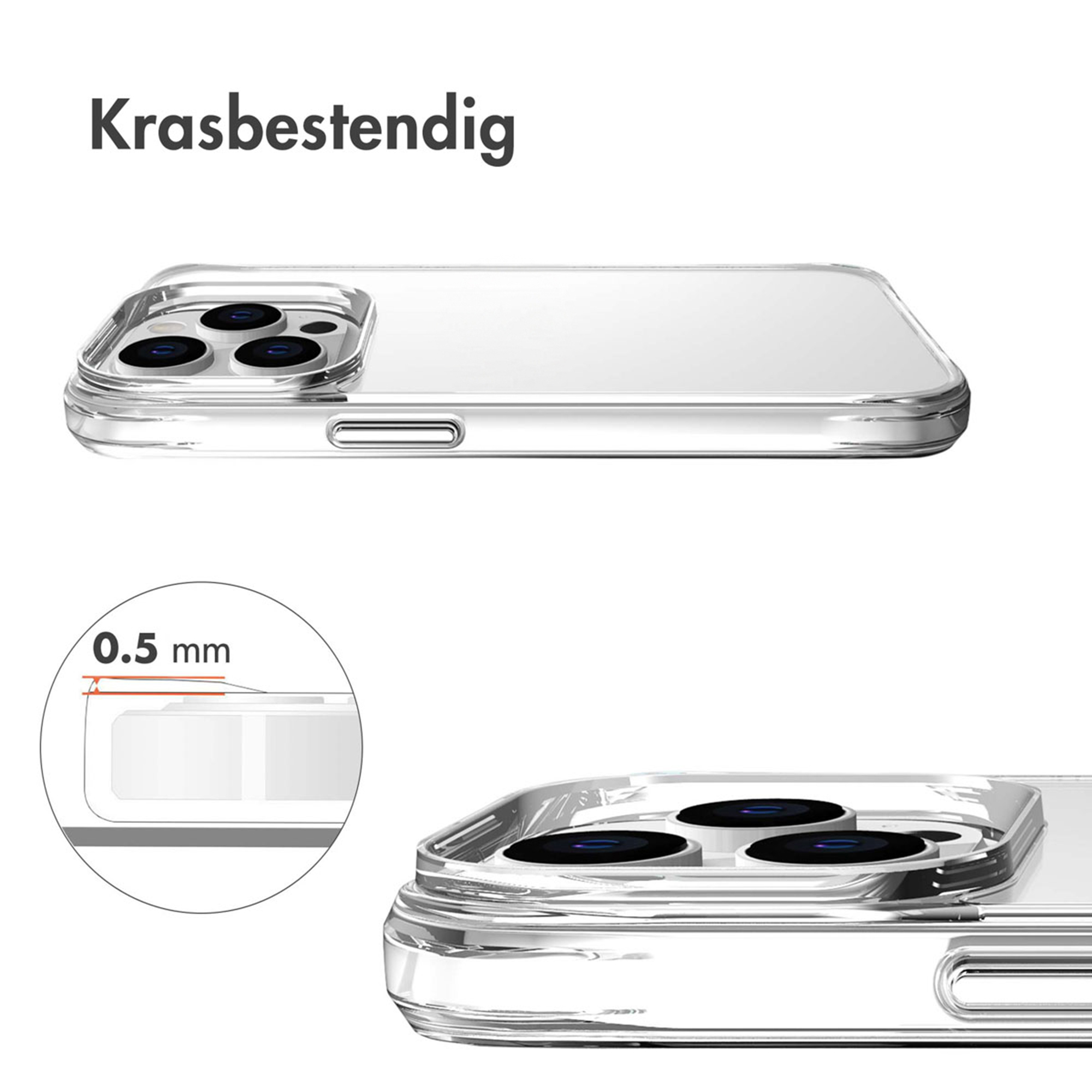 Transparante telefoonhoes met drie camera's en 0,5 mm dikte.