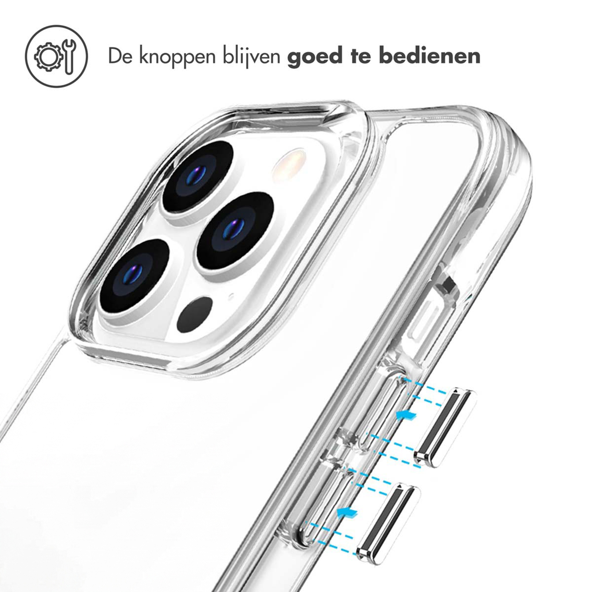 Doorzichtige hoes met drie cameralenzen en knopafdekkingen.