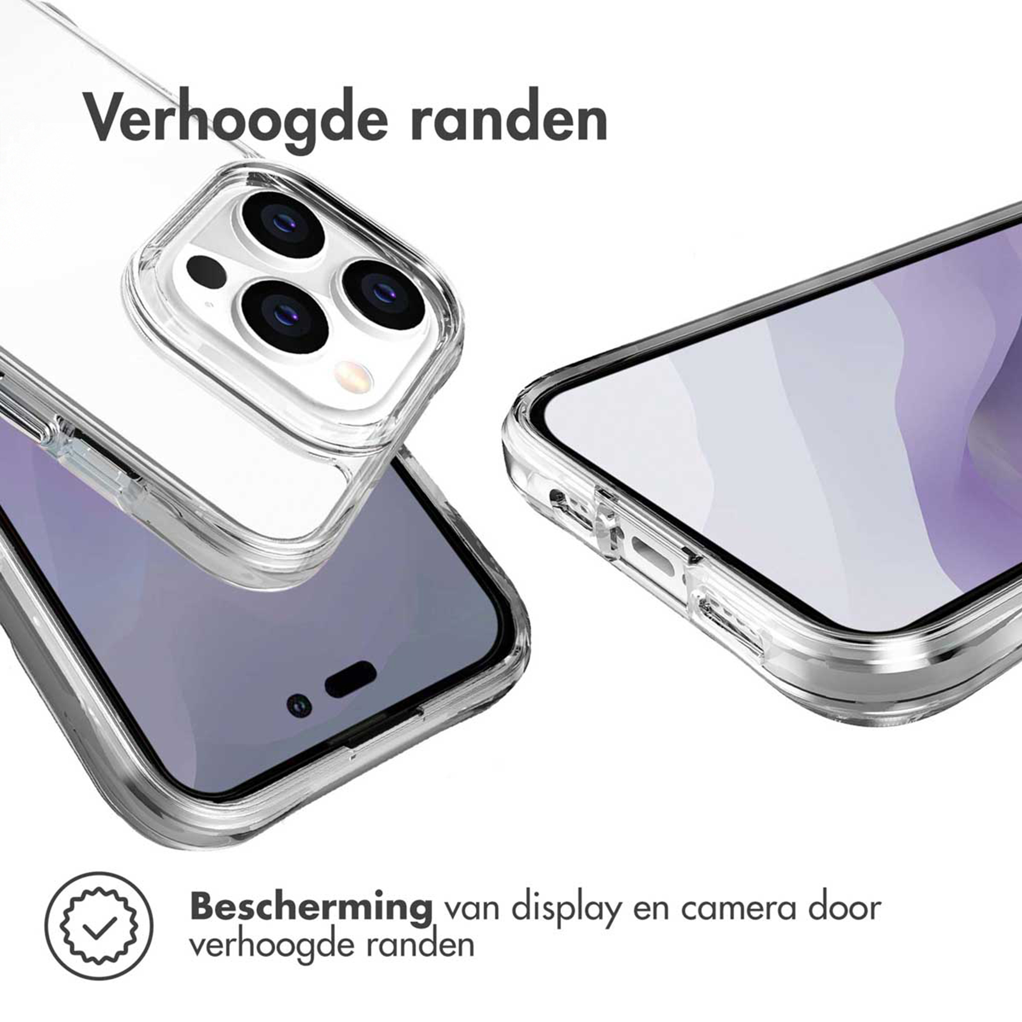 Doorzichtige hoes met verhoogde randen beschermt scherm en camera.