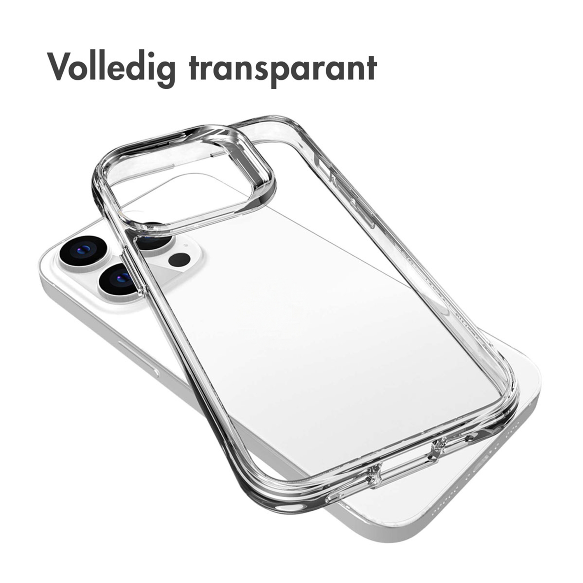 Doorzichtige telefoonhoesje ligt op een witte telefoon met drie camera's.