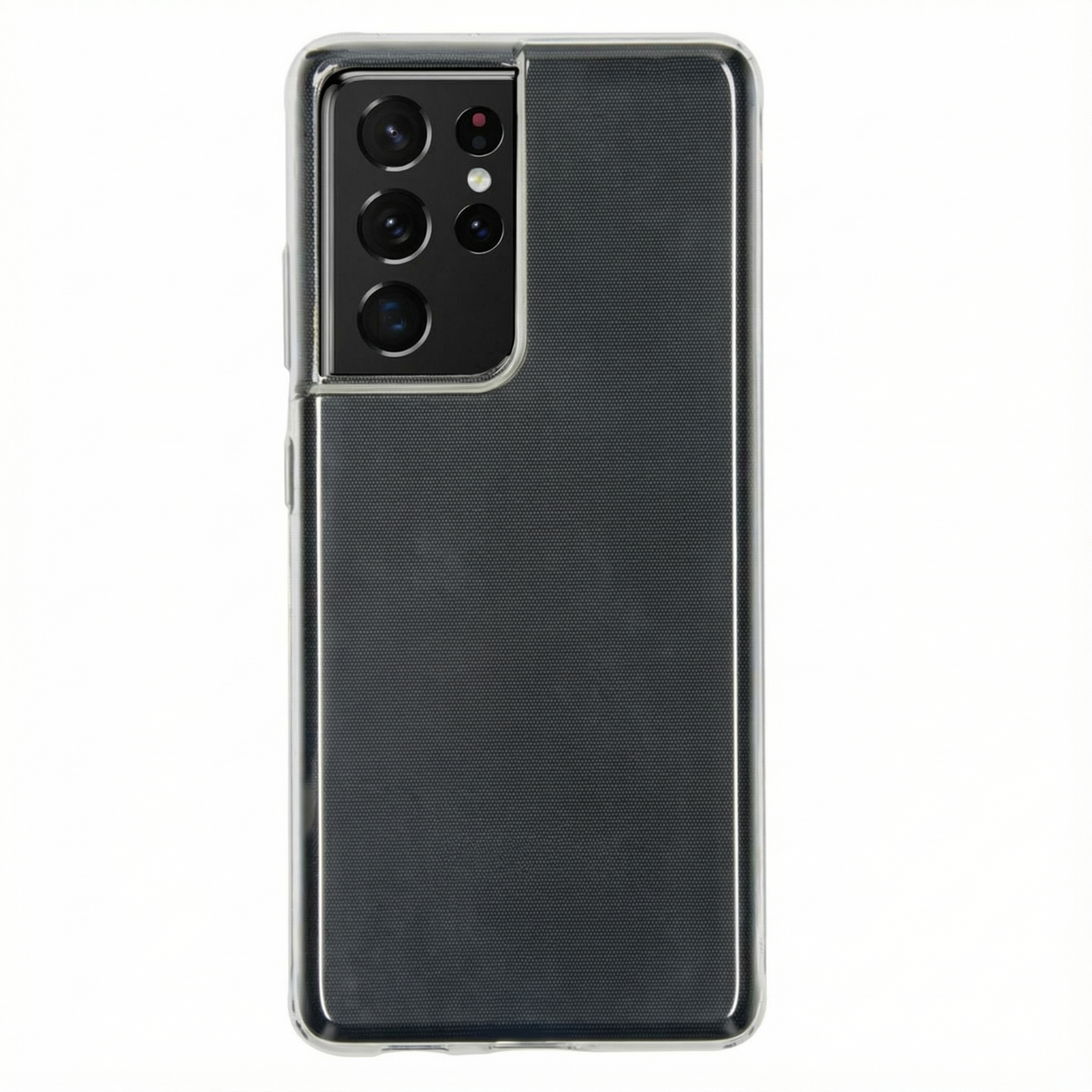 Achterkant van een donkere smartphone in een doorzichtige hoes, met cameralenzen.