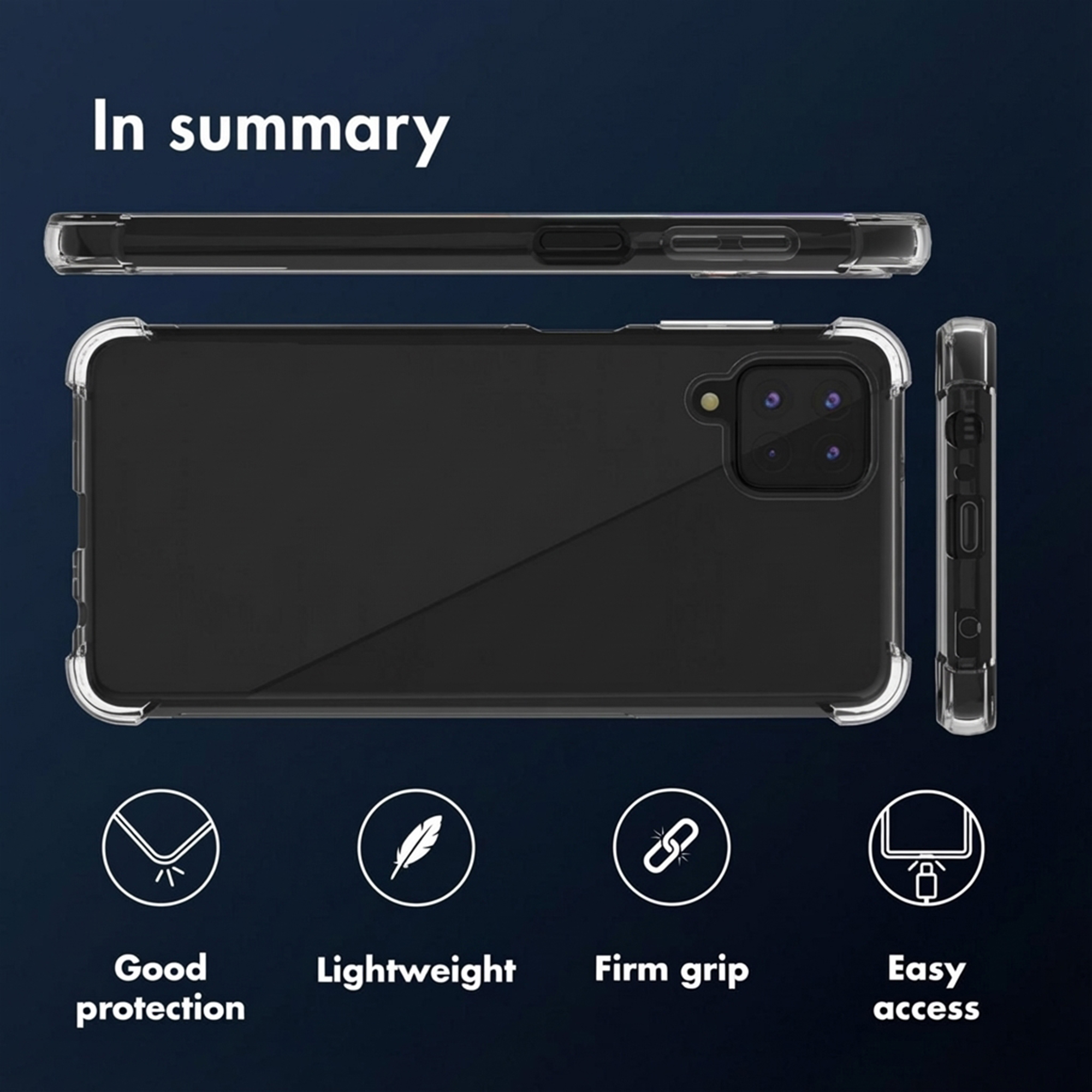 Transparante telefoonhoes vanuit meerdere hoeken getoond met pictogrammen voor bescherming, lichtgewicht, grip en toegang.