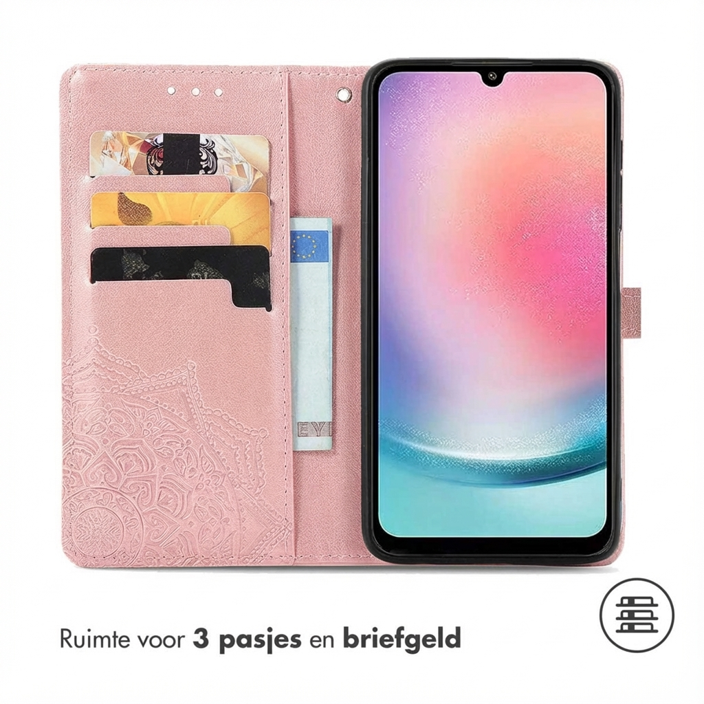 Een roze telefoonhoes met kaarthouders en een telefoon met een kleurrijk scherm.