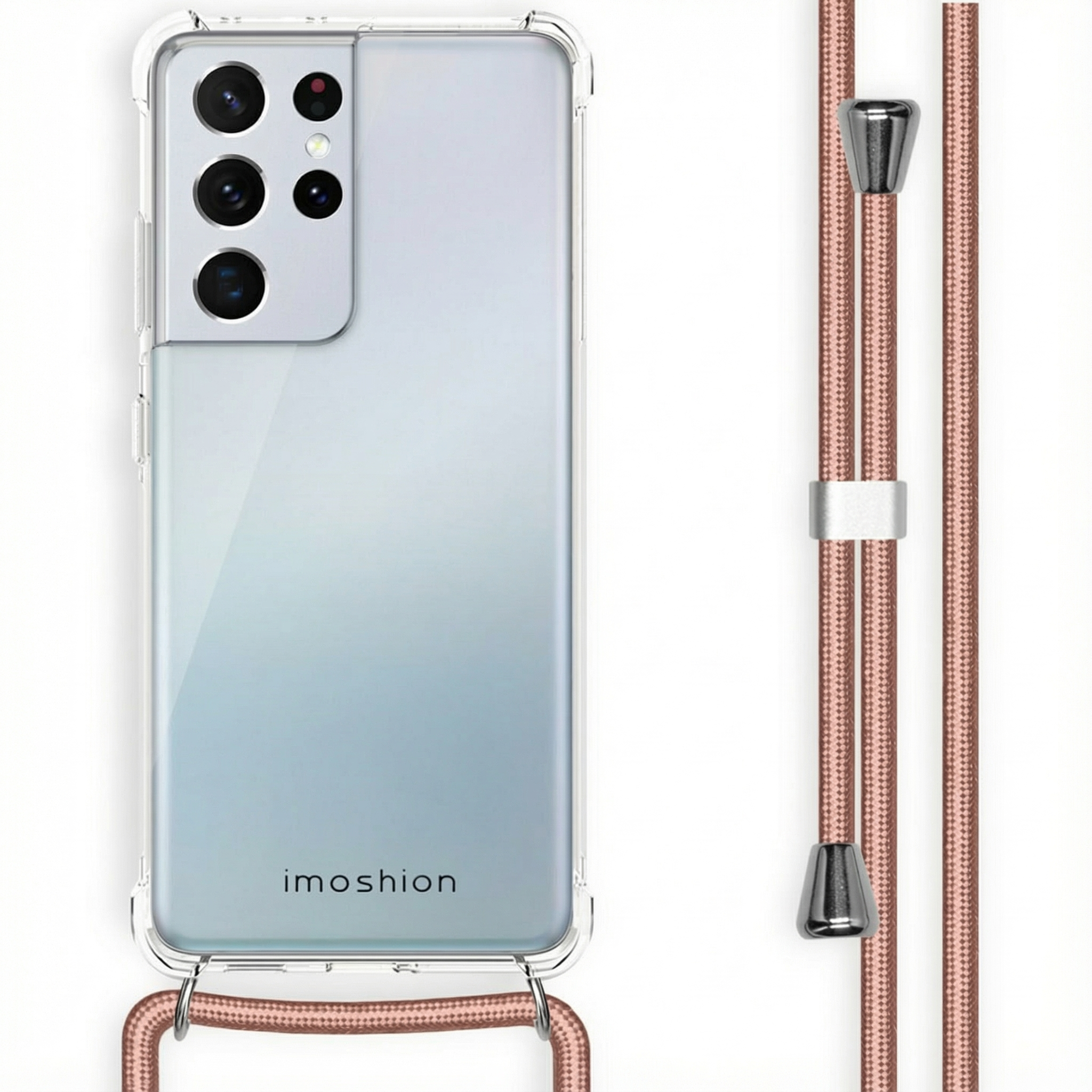 Coque de téléphone transparente avec appareil photo et cordon. Marque 'imoshion'.