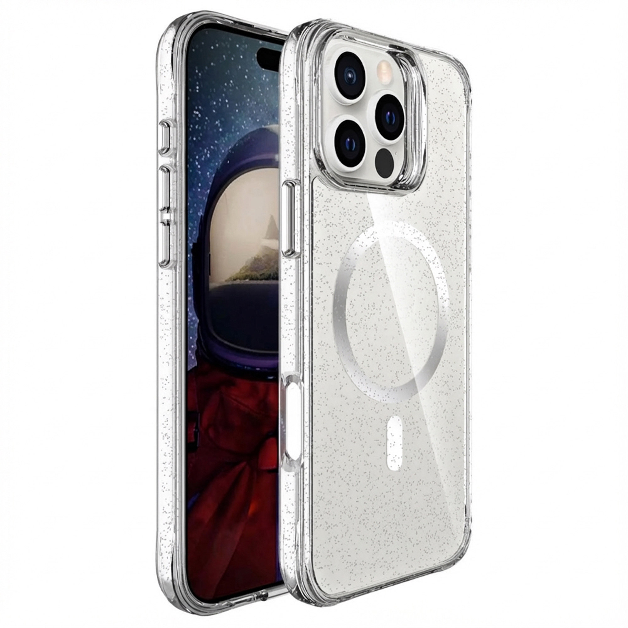 Een doorzichtige glitter telefoonhoes met een astronaut op het scherm.