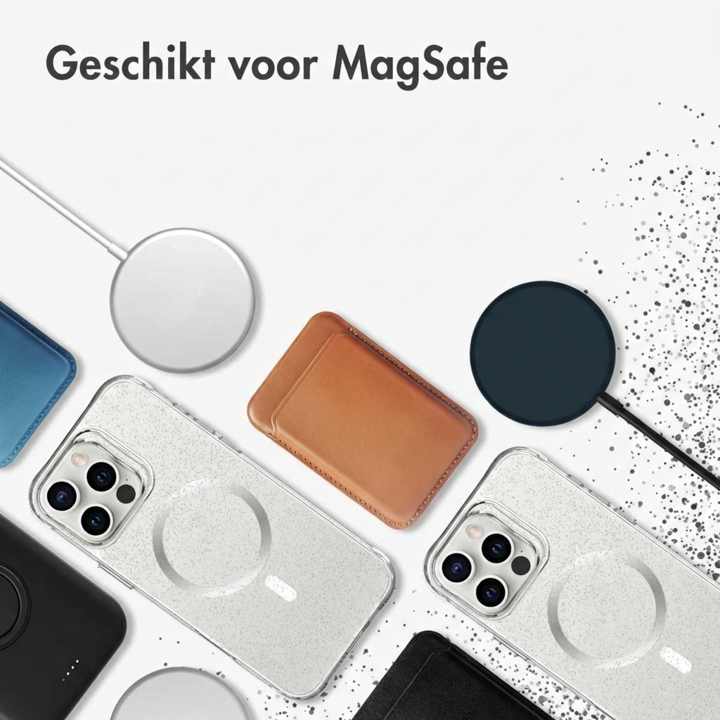 Meerdere iPhone-hoesjes en MagSafe-laders op een witte achtergrond.