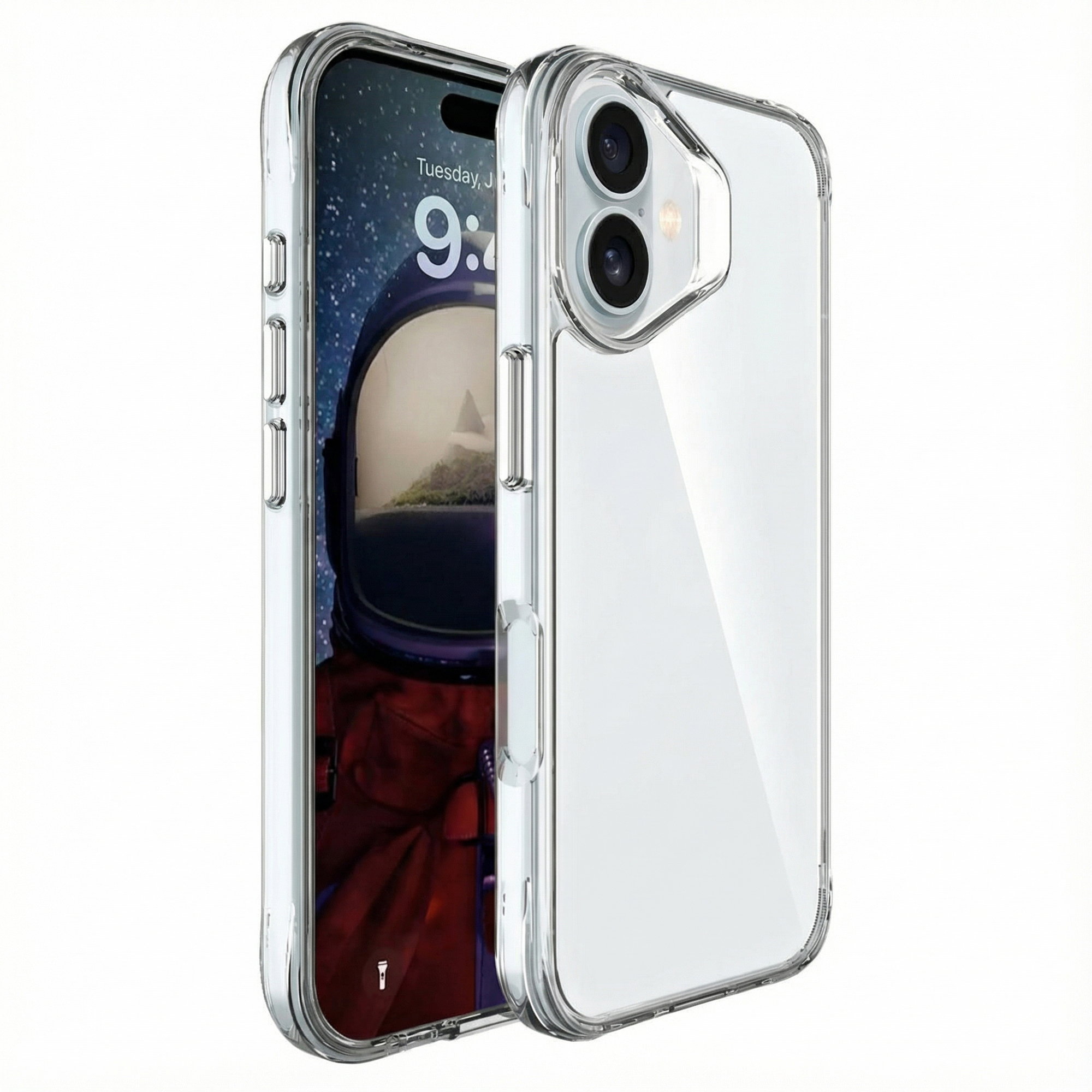Une coque de téléphone transparente protégeant un smartphone avec écran de verrouillage astronaute.