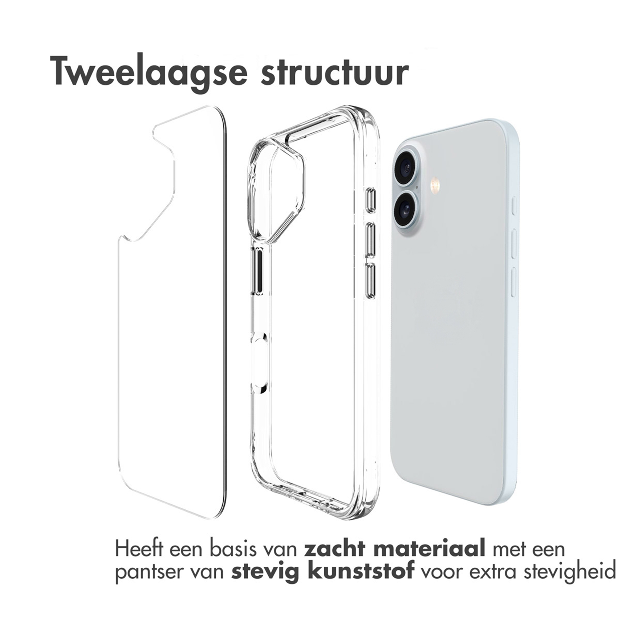 Un smartphone bleu clair avec un étui transparent et une couche de protection.
