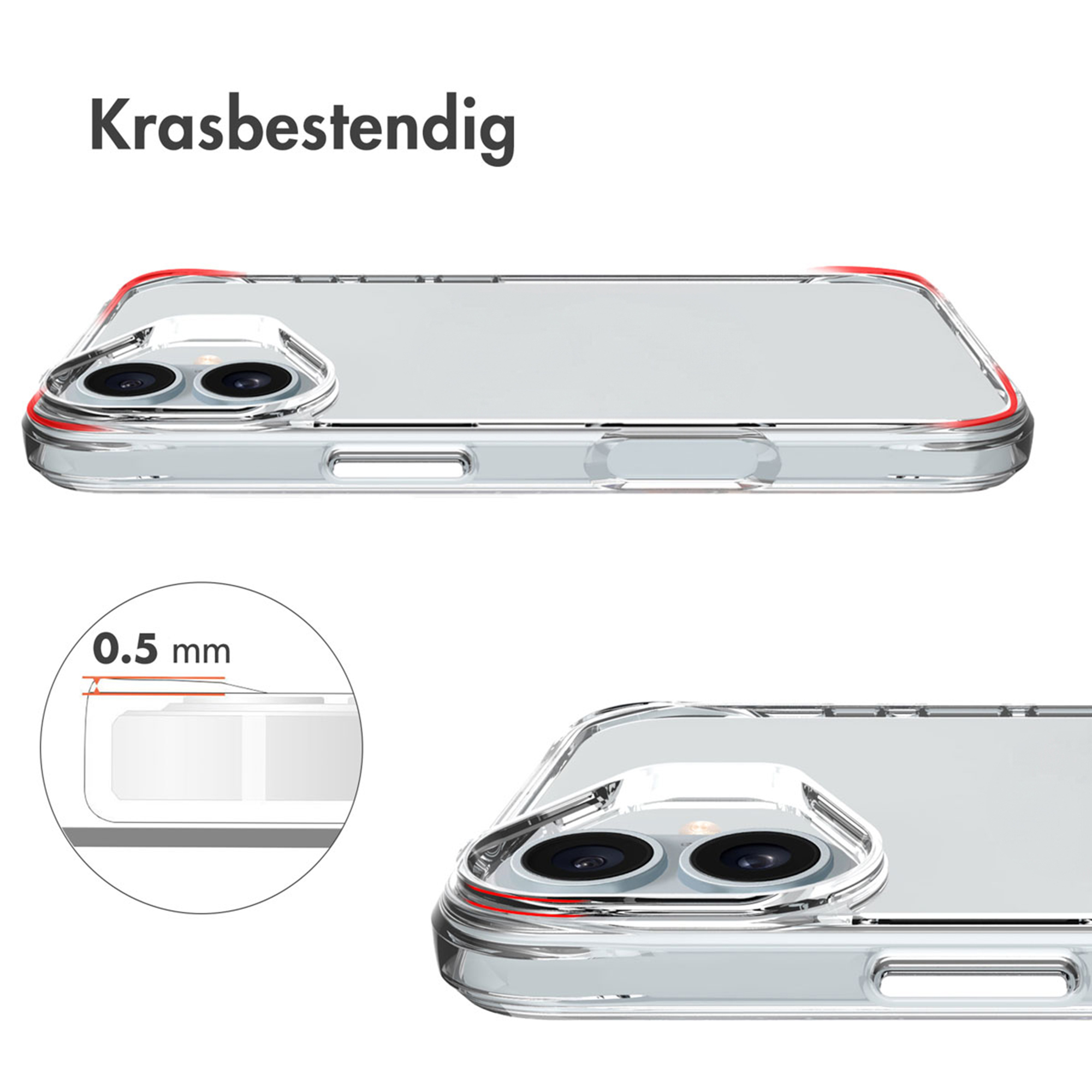 Coque de téléphone transparente avec accents rouges, détail caméra, 0,5 mm.