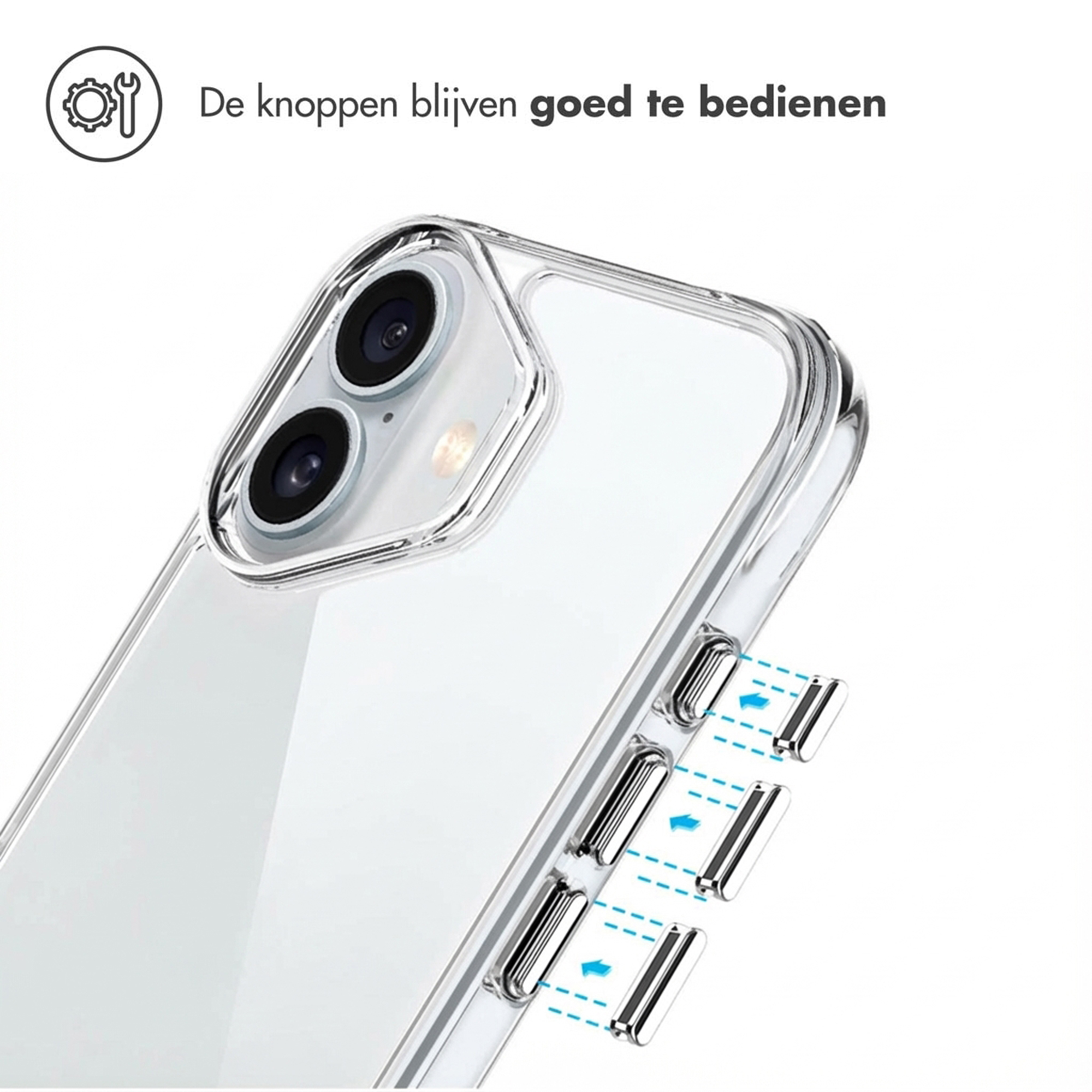 Coque de téléphone transparente montrant des boutons argentés et un module caméra.