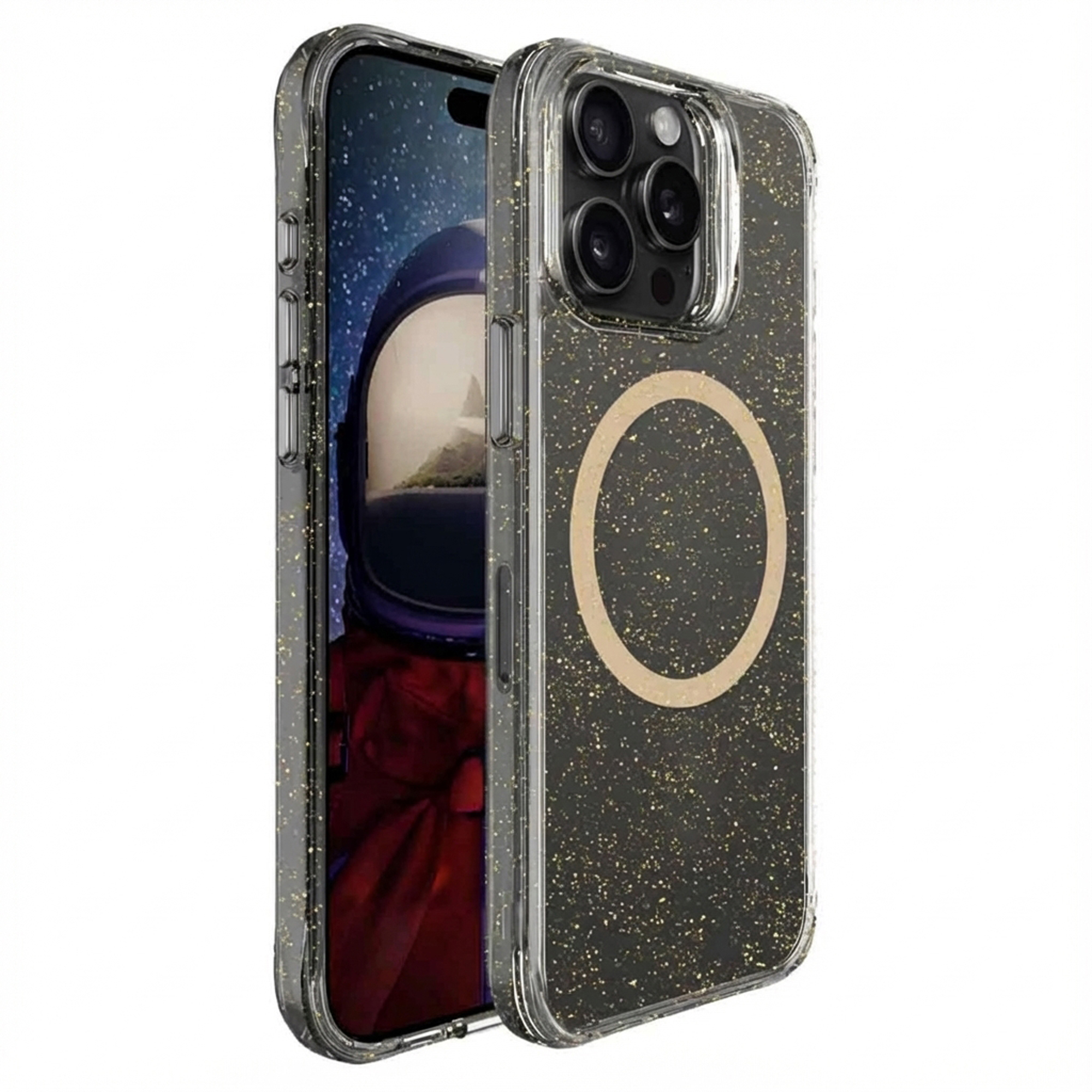 Coque noire pailletée avec anneau MagSafe pour iPhone, montrant un fond d'astronaute.