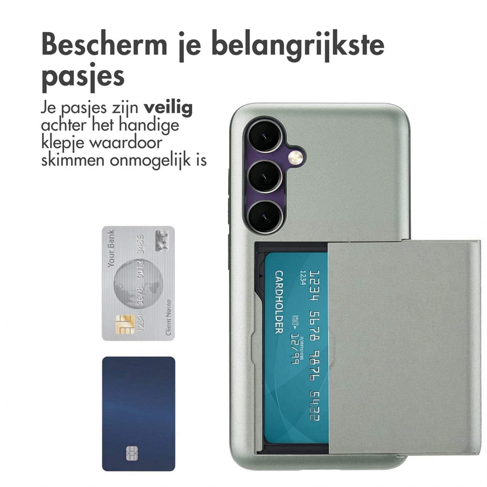Een telefoon met kaarthouder en kaarten op witte achtergrond.