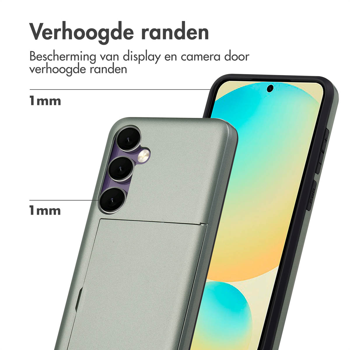 Grijze telefoonhoes met 1 mm verhoogde rand.