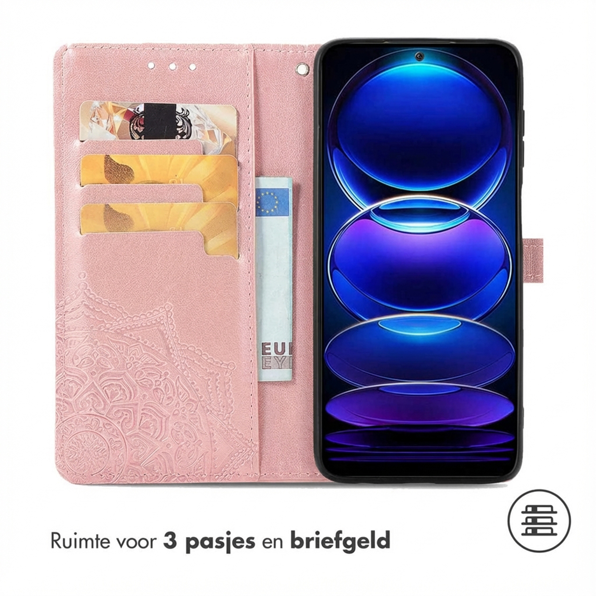 Un étui de téléphone rose avec des fentes pour cartes et un téléphone à écran bleu.