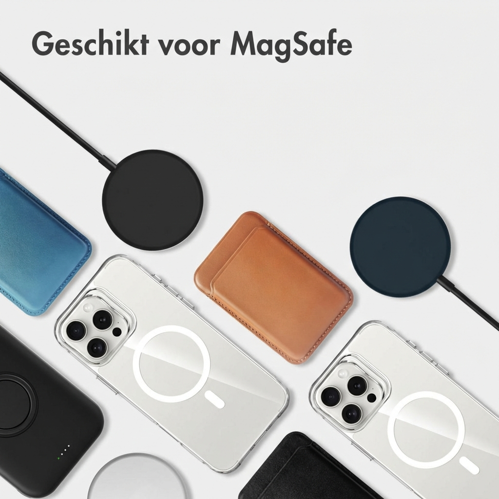 Meerdere MagSafe opladers en telefoonhoesjes gerangschikt op witte achtergrond.