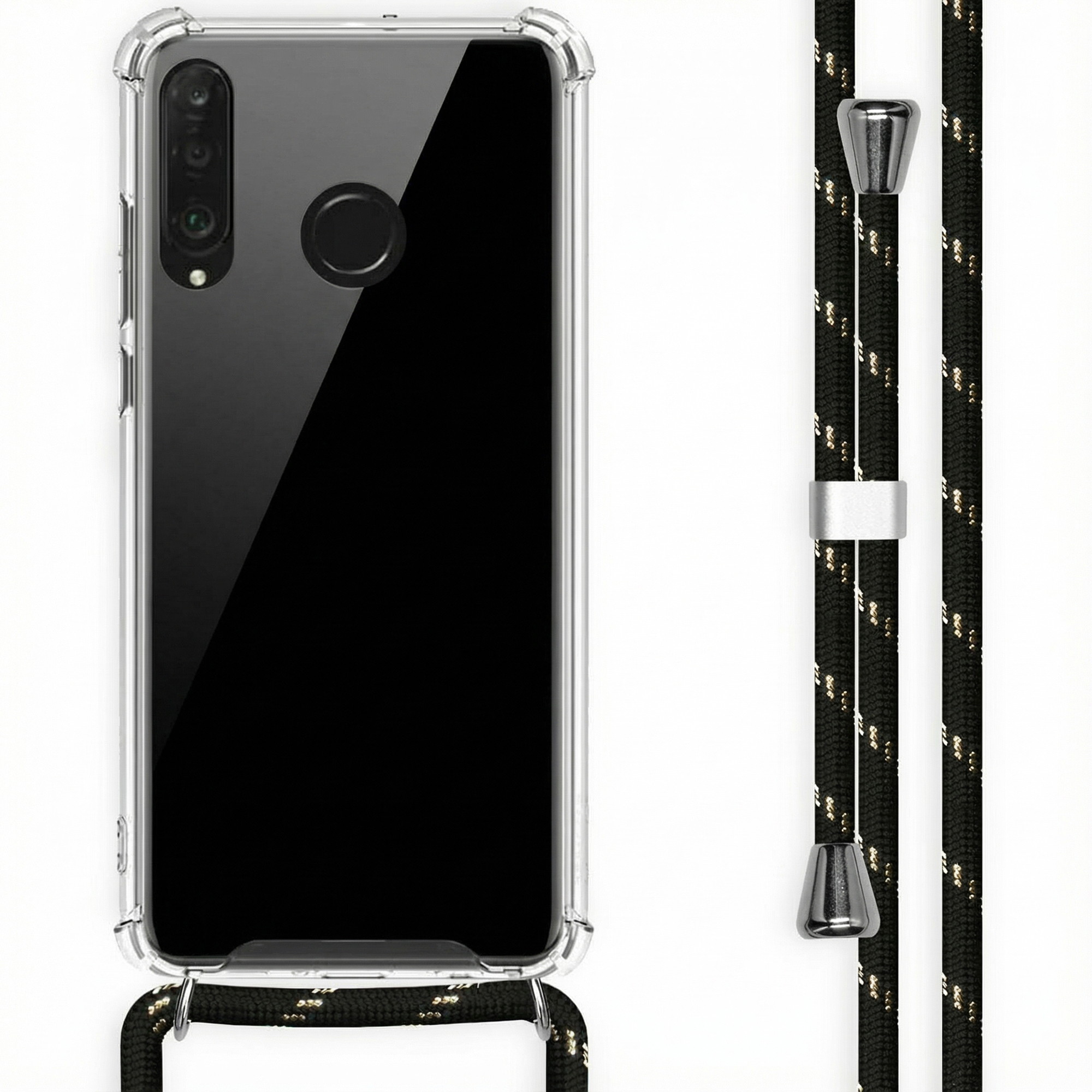 Transparante telefoonhoes met zwart koord met gouden draad.