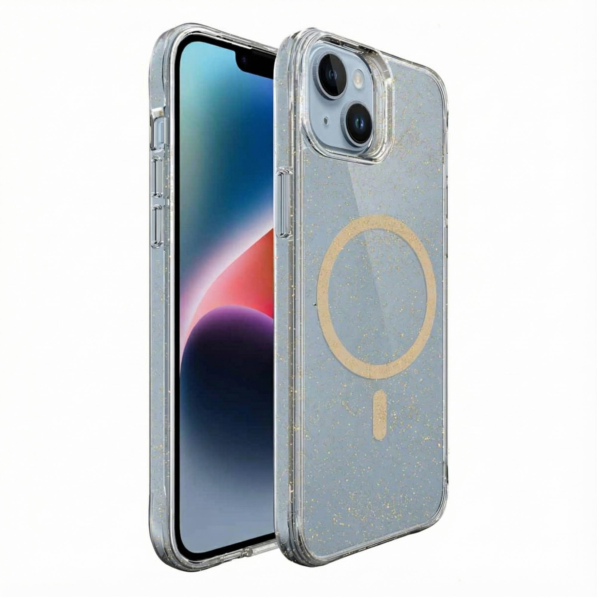 Une coque de téléphone transparente avec paillettes et anneau MagSafe sur fond bleu.