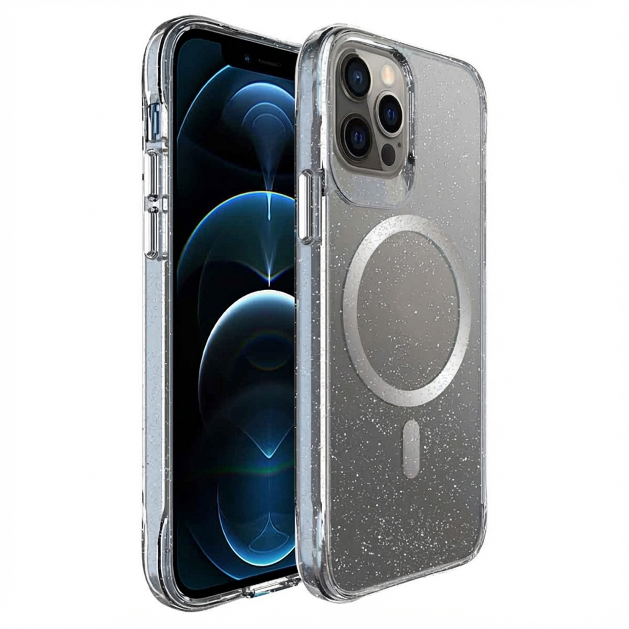 Transparante glitter hoes voor een smartphone met drie camera's.