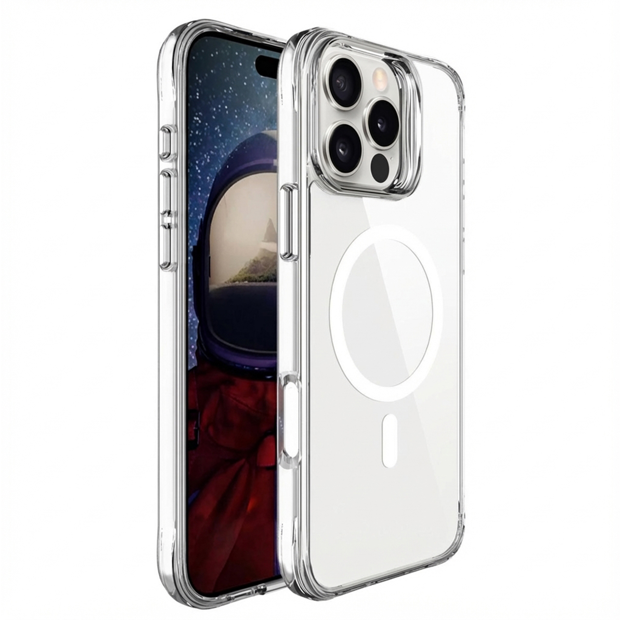 Une coque de téléphone transparente avec un astronaute en arrière-plan.