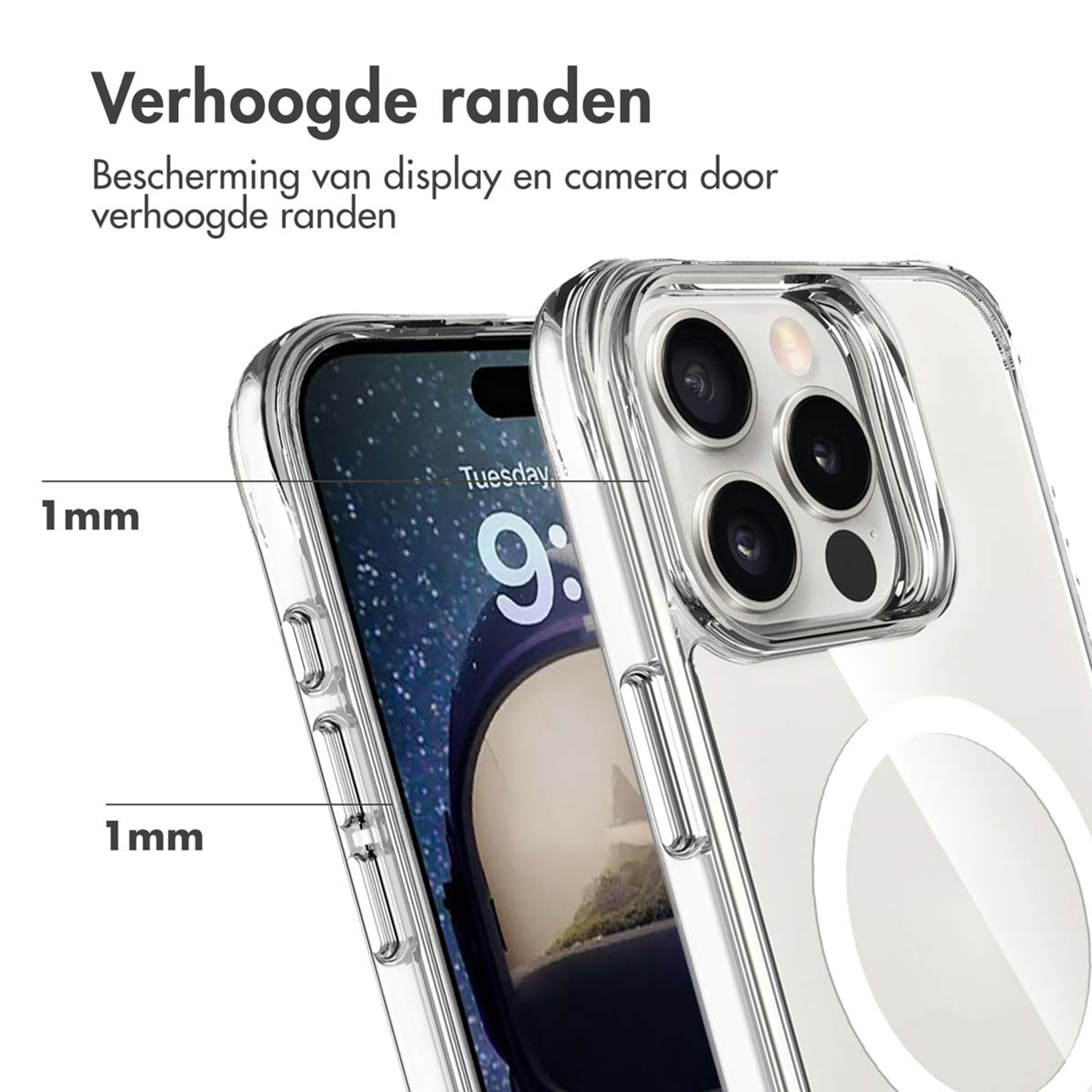 Coque de téléphone transparente avec bords surélevés protégeant l'écran et l'appareil photo.