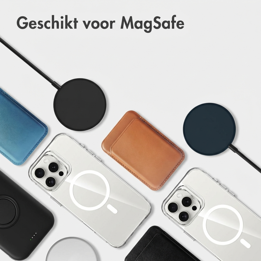 Coques iPhone, chargeurs MagSafe et un portefeuille sur fond blanc.